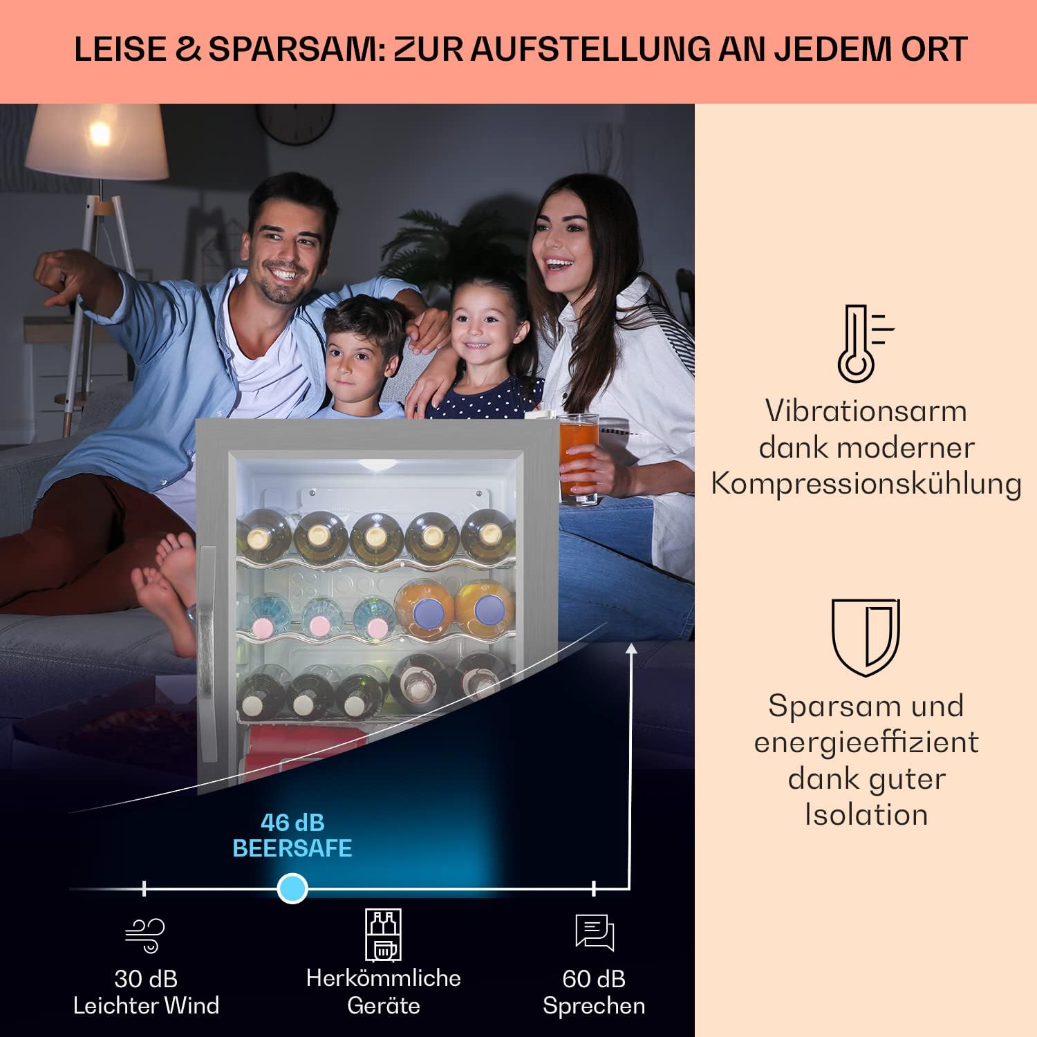 Klarstein Mini Kühlschrank mit Glastür, Mini, für Zimmer, Getränkekühlschrank Klein mit Verstellbaren Ablagen, mit Wellenform-Racks, 60 Liter Kühlschrank Leise