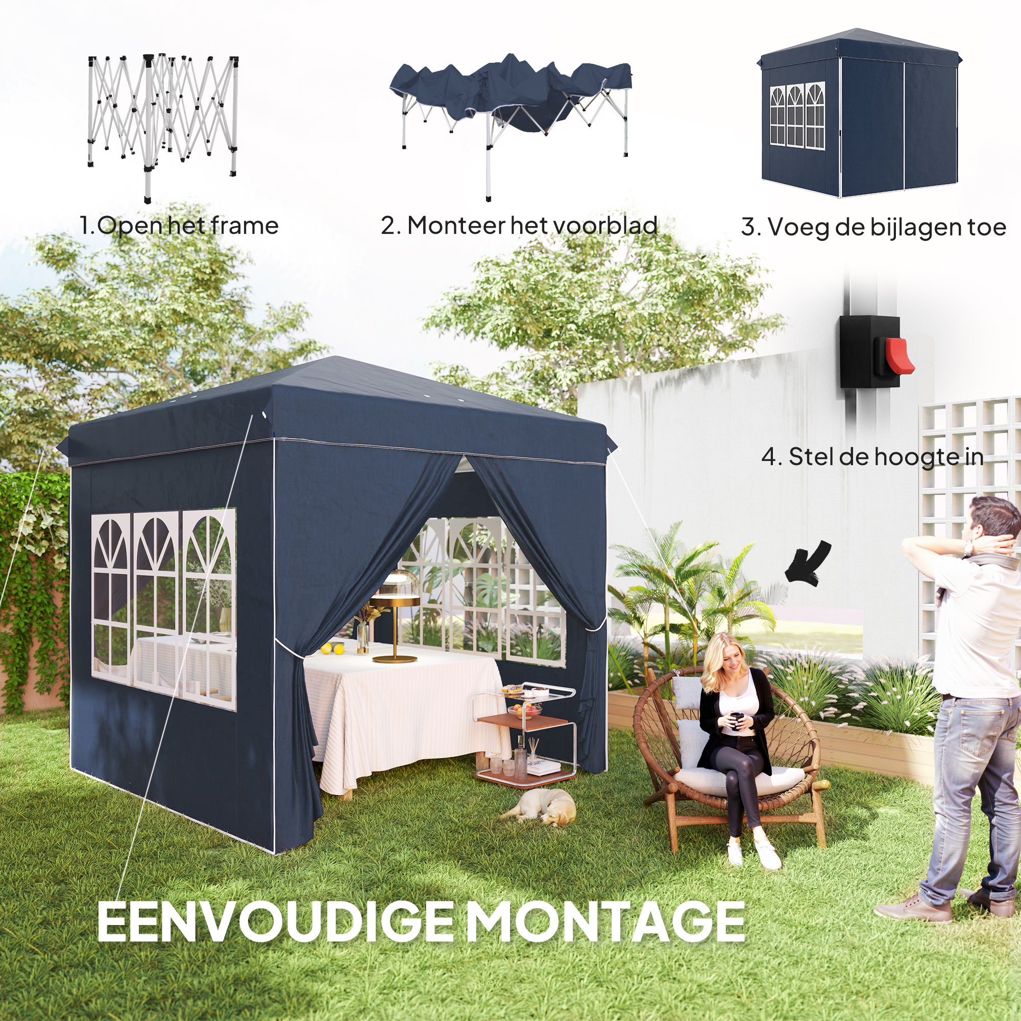 Outsunny 2,5 x 2,5 m Pop-up Paviljoen met Zijwanden en Draagtas, UPF50+ Hoogteverstelbaar Tuinpaviljoen, Donkerblauw