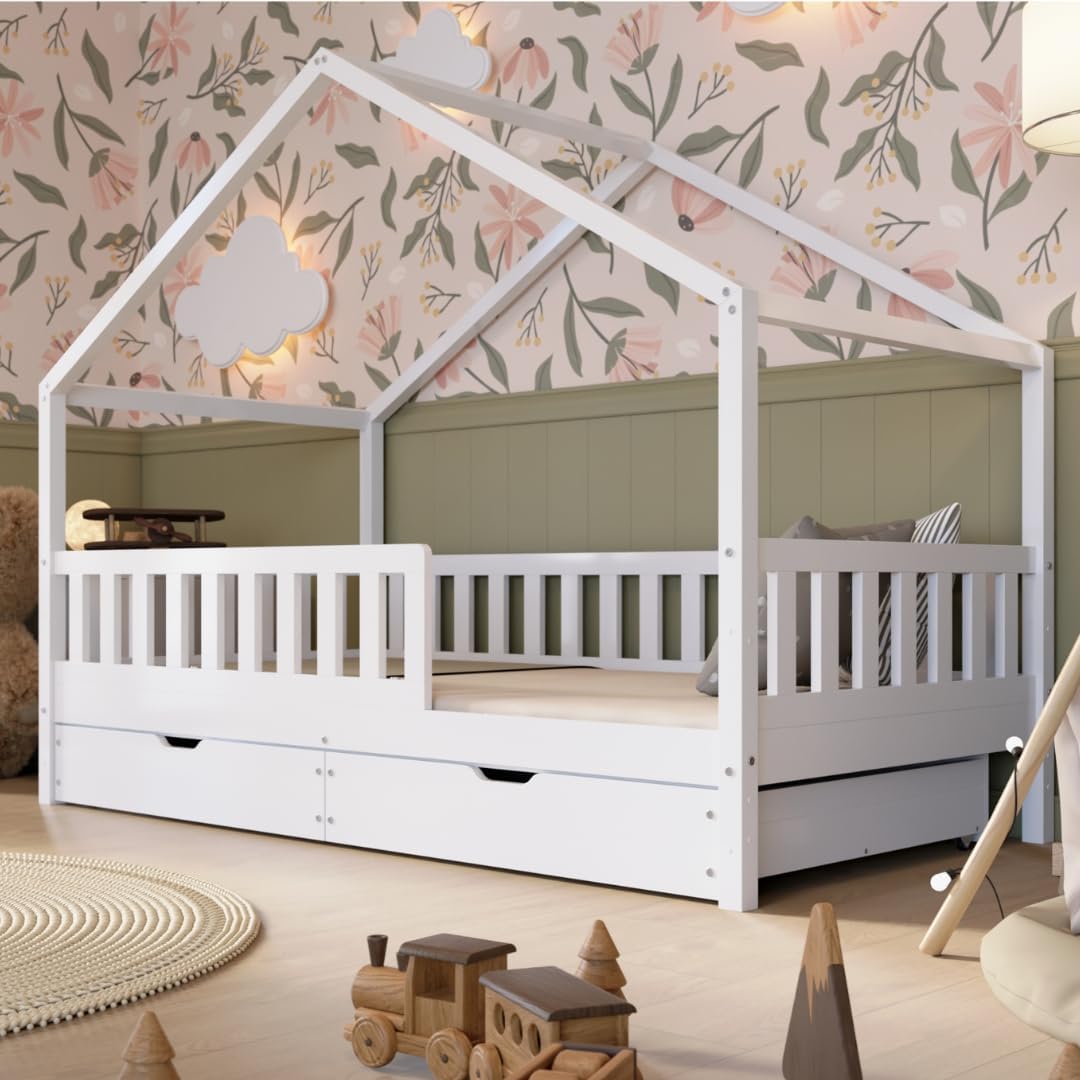 Crazy Pine Hausbett mit Schubladen 200x90 cm – Kinderbett aus Naturholz mit Rausfallschutz – Montessori Bodenbett mit zusätzlichen Stauraum und und Abnehmbarer Barriere - Crazy House