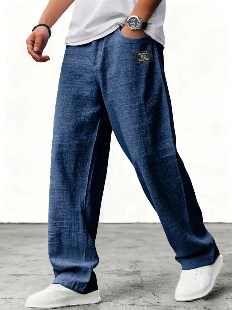 Leinenhose f��r Herren mit weitem Bein und Kordelzug | Bequeme Stoffhose mit geradem Schnitt und praktischen Seitentaschen