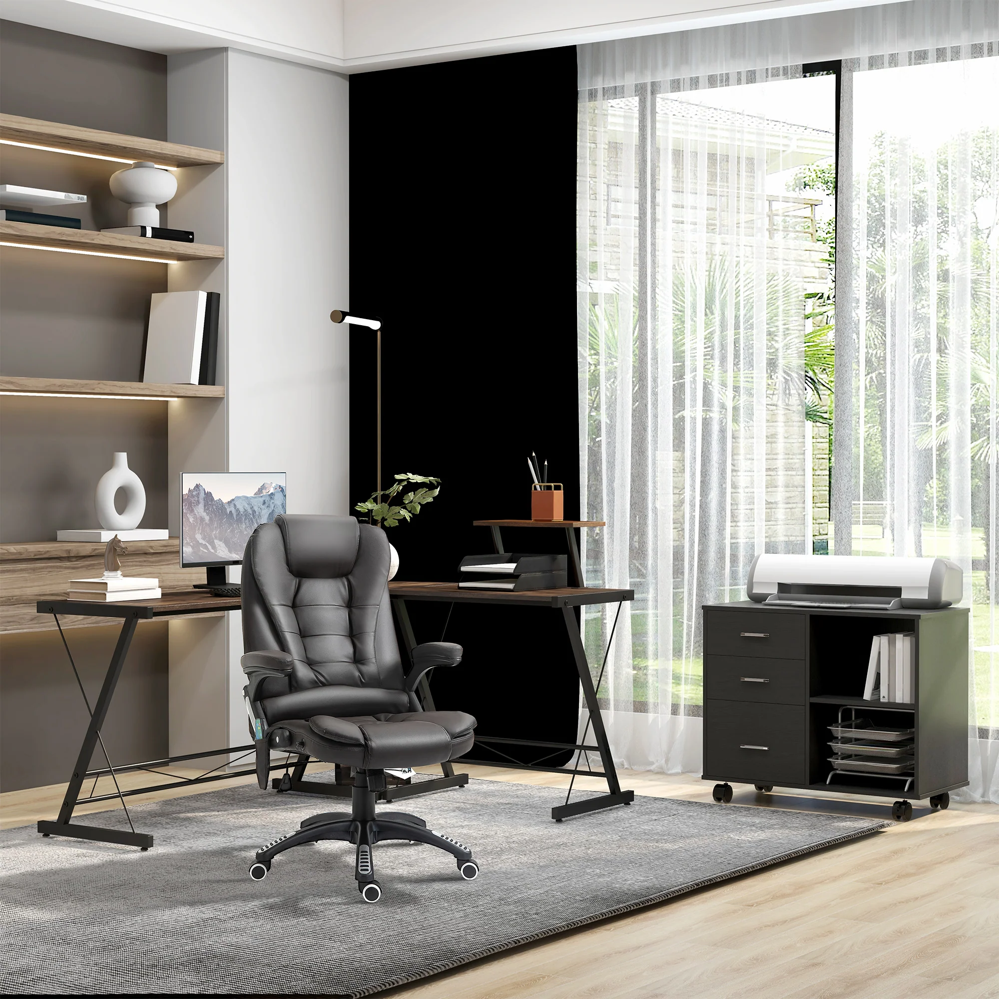 Executive bureaustoel met massage en verwarming, PU-leder hoge rugleuning bureaustoel, bruin