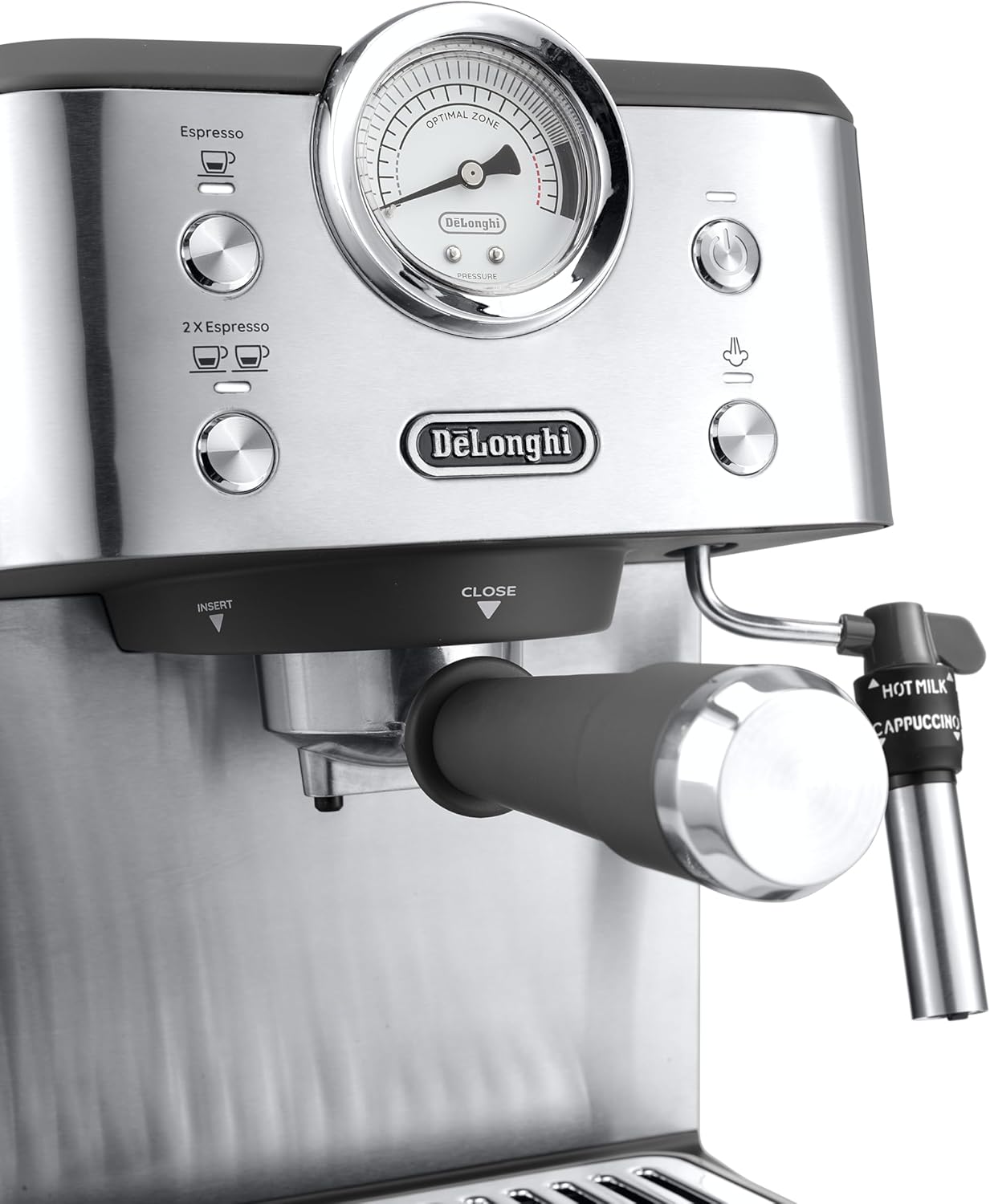 De'Longhi Siebträgermaschine Linea Classic EM450.M, Espressomaschine mit professionellem Milchaufschäumer, Vollmetallgehäuse, 15 Bar, 1,7 l Wassertank, Edelstahl/Metall
