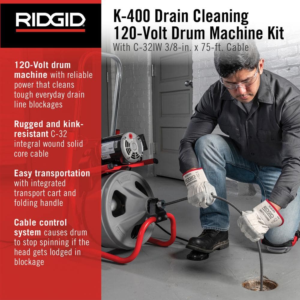 K 400 Drain Cleaning Snake Auger 120 Volt Drum Machine with C 32IW 3/8 in. x 75 ft. Cable   4 Piece Tool Set & Gloves 52363