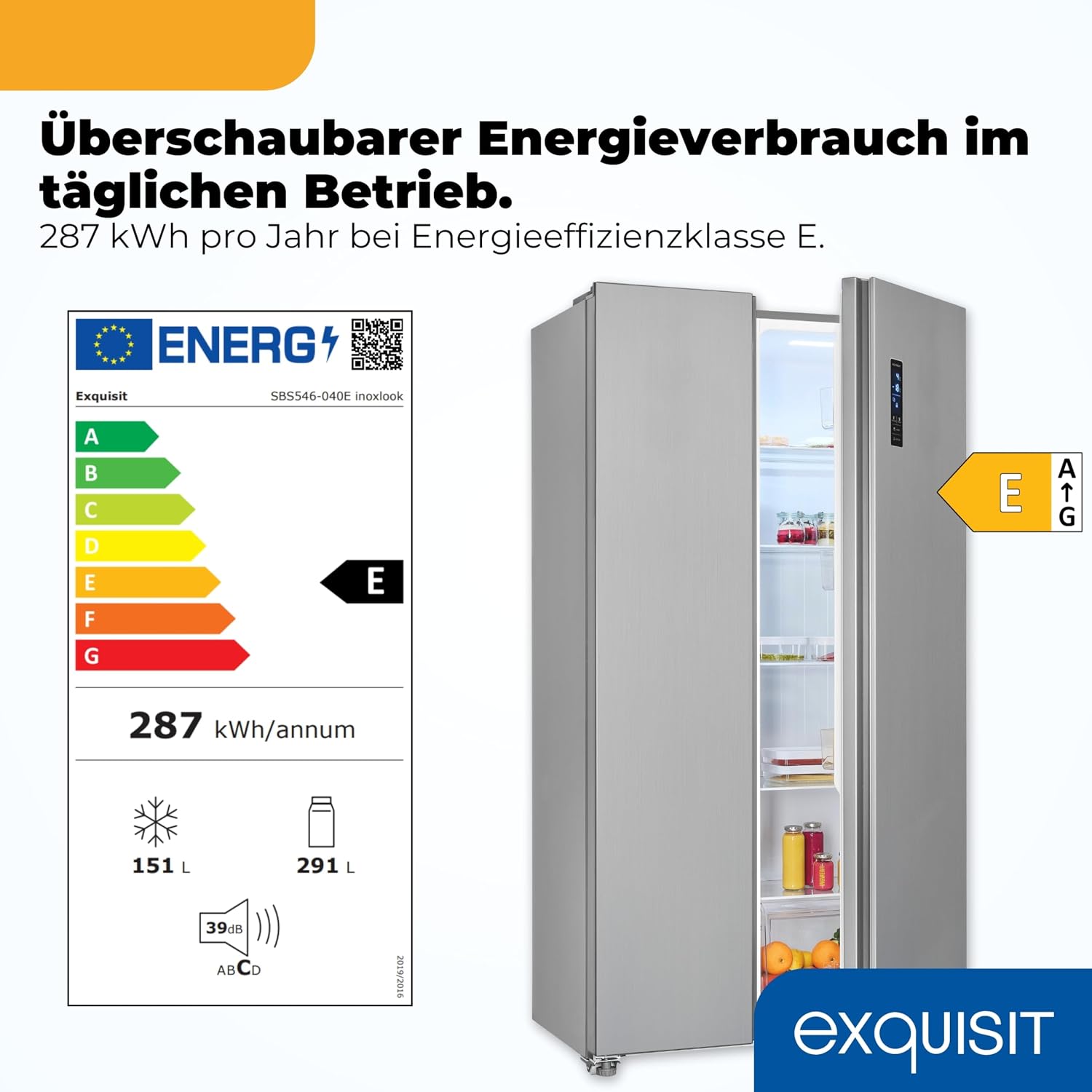 Exquisit Side-by-Side SBS546-040E inoxlook | No Frost | Nutzinhalt: 442 L | Temperaturregelung | Alarm