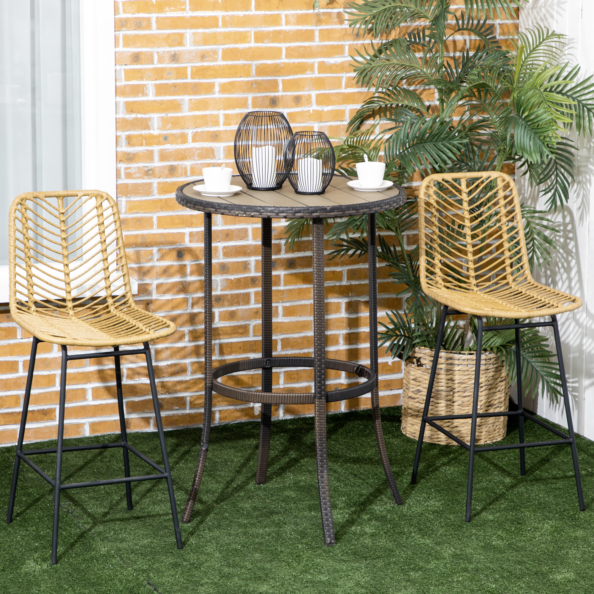 Set van 2 barkrukken in boho-design, PE-rotan, inclusief voetsteun, 42,5 cm x 52 cm x 102 cm, geel+zwart