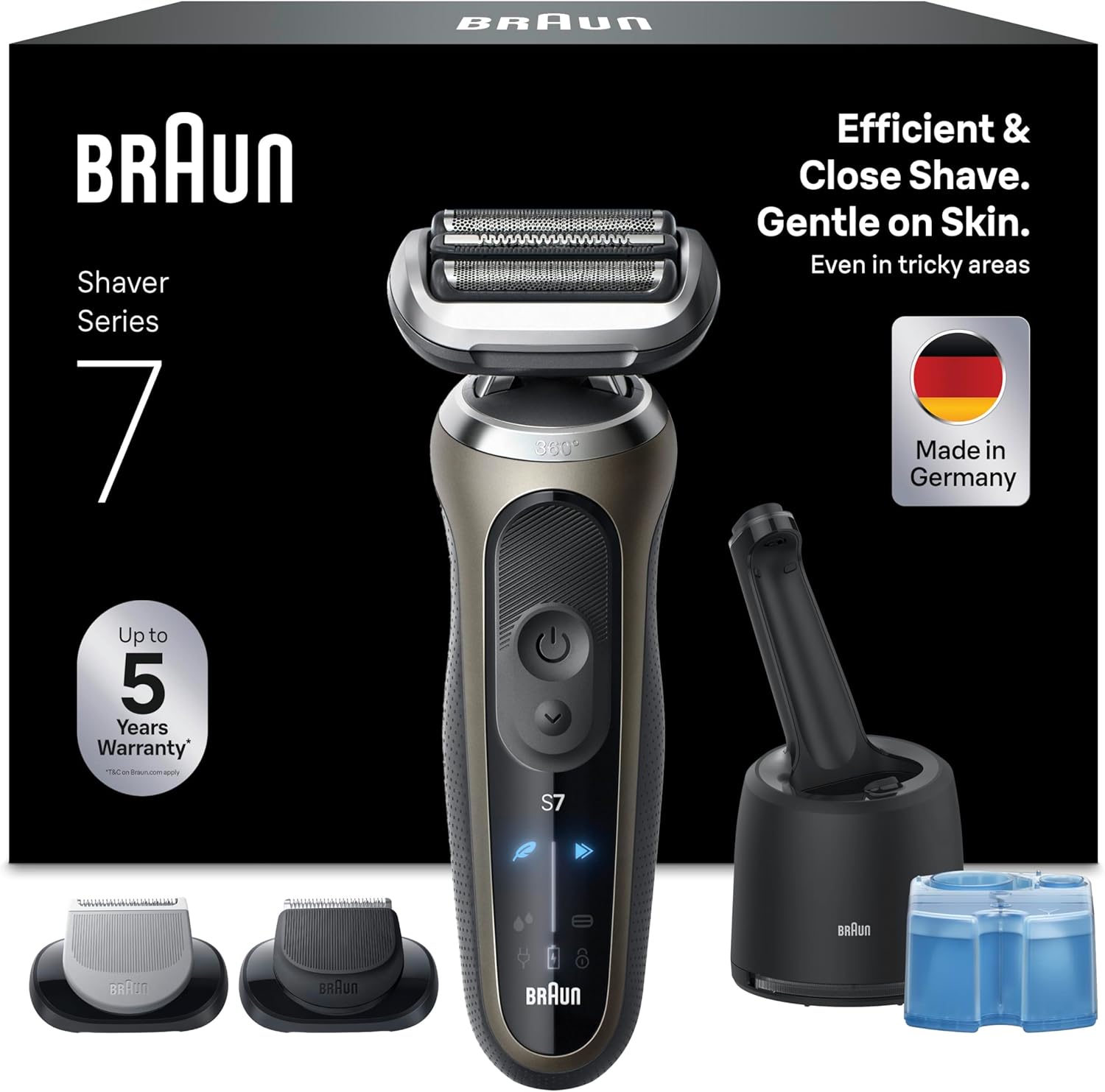 Braun Series 7 Rasierer Herren Elektrisch, Elektrorasierer, 60 Min. Akku, 4in1 SmartCare Center, +2 Aufsätze, Kabelloser Nass- & Trockenrasierer Männer, Wasserdicht, Made in Germany, 72-C7650cc, Gold