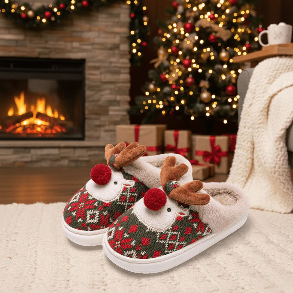 WARMJOY – Kerst-Hausschoenen met geborduurde stof en antislipzool
