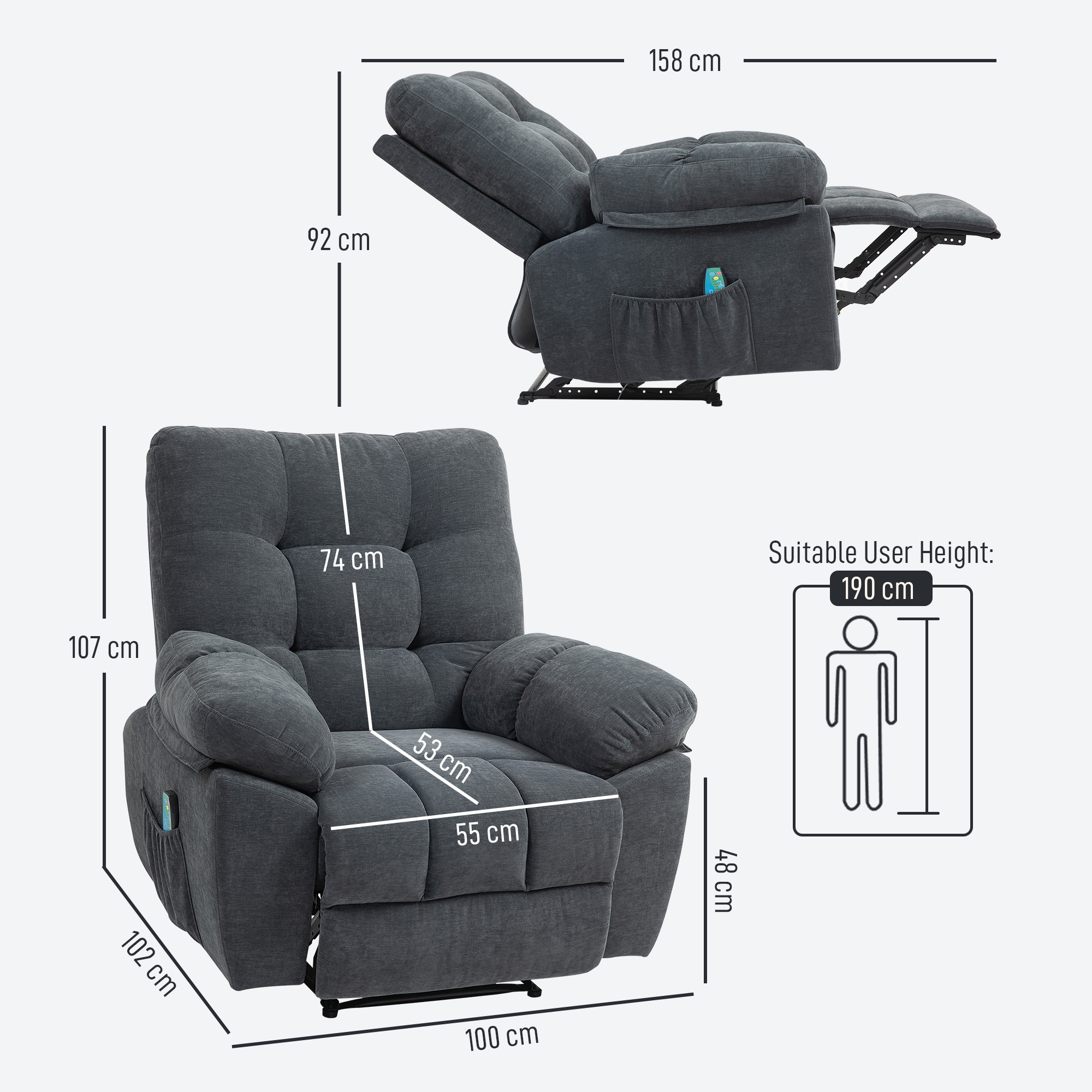Relaxstoel met Massage, 8 Vibratiepunten, Verstelbare Voetsteun, Zijvak, Ligstoel, Grijs