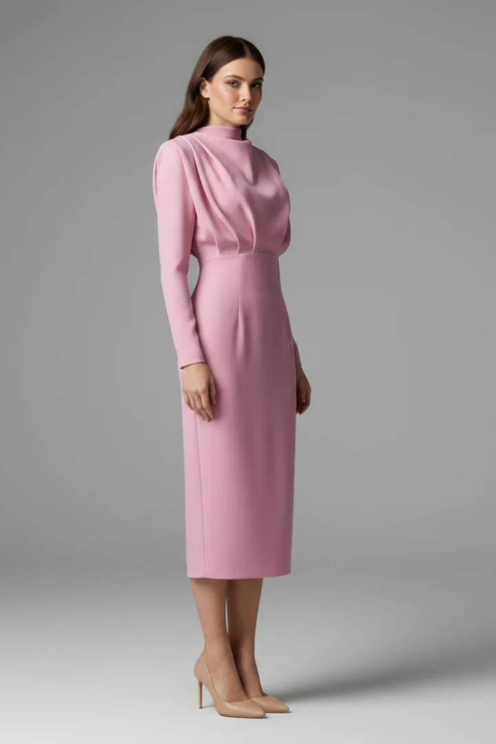 Damen Maxikleid mit Stehkragen und langen ?rmeln | Elegantes Langarmkleid mit tailliertem Schnitt und Raffung am Ausschnitt