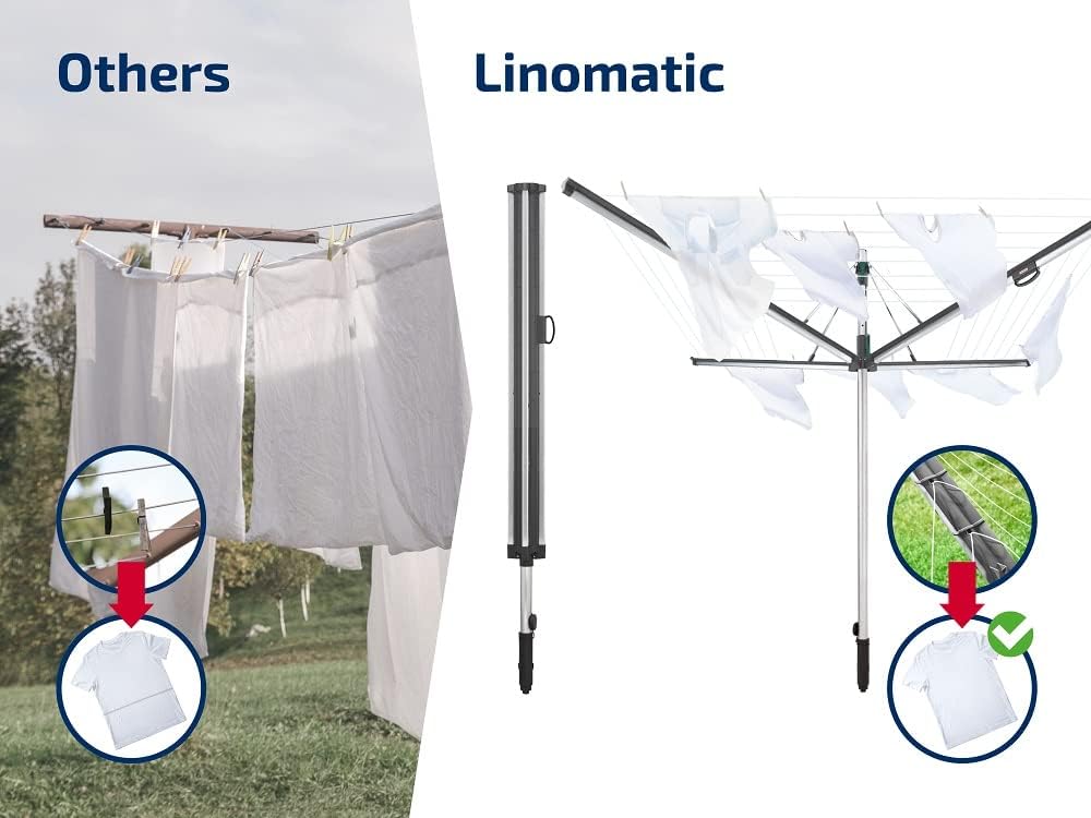 Leifheit Wäschespinne Linomatic 600 Plus, Wäscheschirm mit Leineneinzug für saubere Wäsche, höhenverstellbar, Wäscheständer inkl. Bodenhülse, 60m Wäscheleine, leichtes Öffnen und Schließen