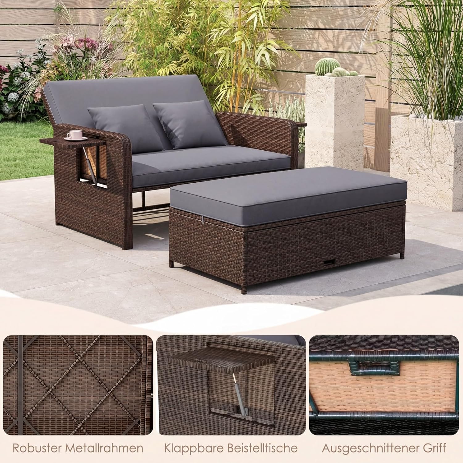 COSTWAY 3 in 1 Polyrattan Sonnenliege, Gartenliege mit Verstellbarer Rückenlehne & Seitenablagen, Loungebett, Doppelliege mit Kissen, Gartensofa mit Liegefunktion, Hocker & Stauraum (Grau)