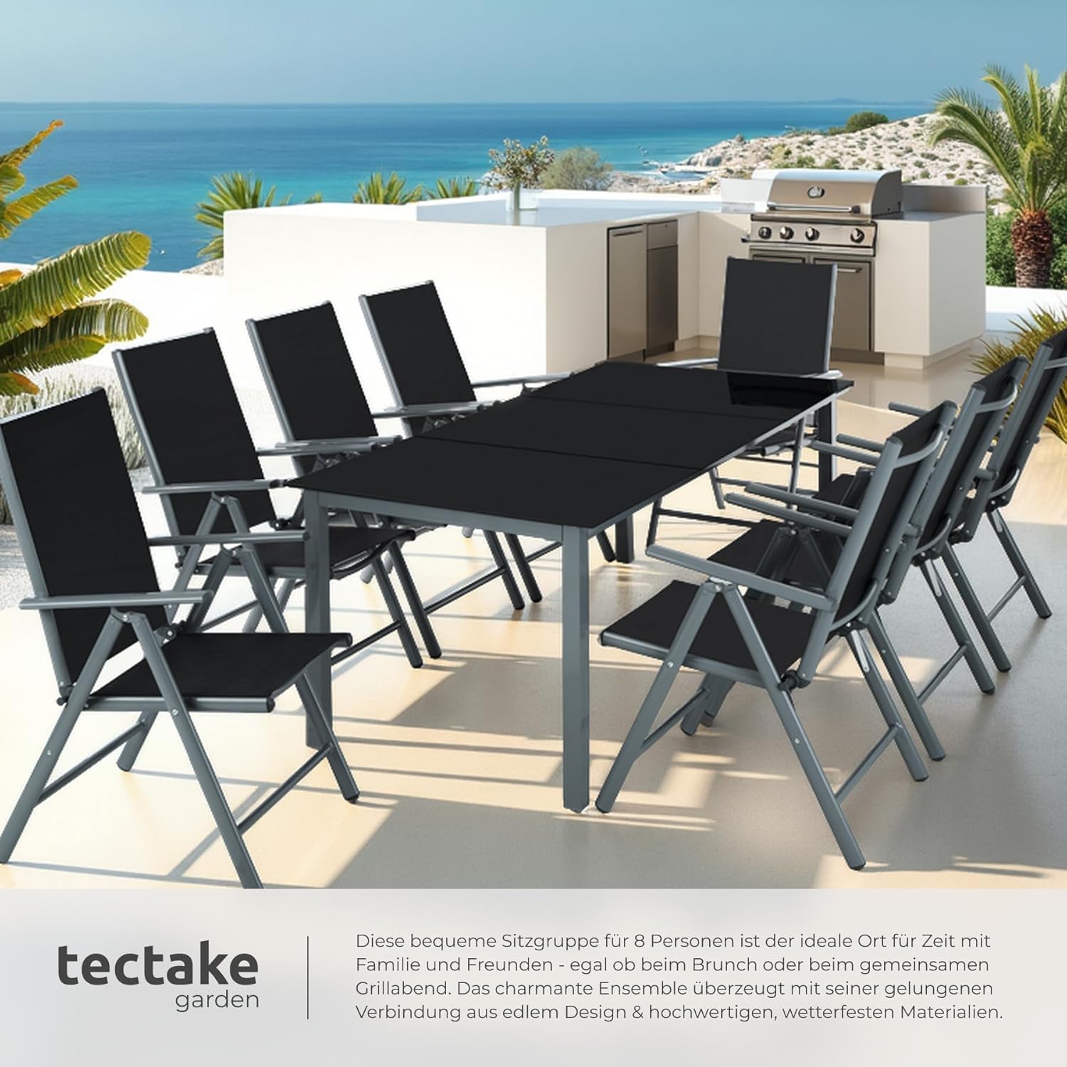 tectake® Aluminium Sitzgruppe 8+1, Gartenmöbel Set mit Stuhl und Tisch, klappbare Gartenstühle, Gartentisch mit Sicherheitsglas, wetterfeste Terrassenmöbel, für Garten Terrasse Balkon - anthrazit