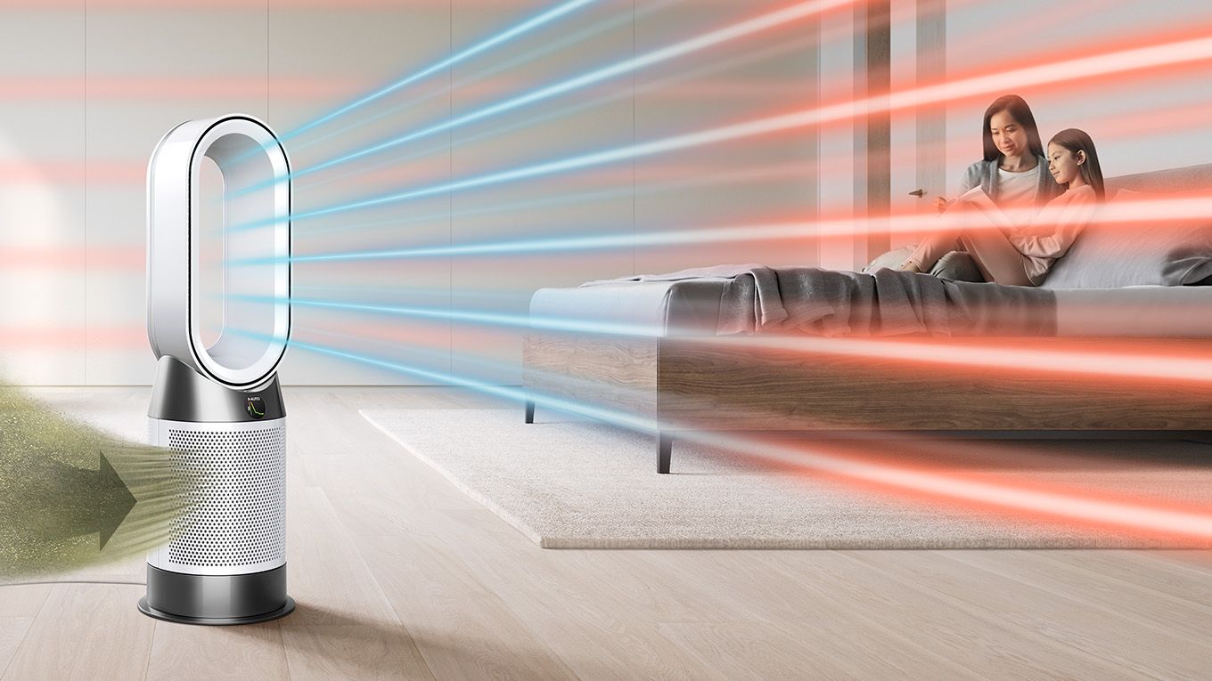 Le Dyson Purifier Hot+Cool Gen1 chauffant et ventilant une pi&egrave;ce pos&eacute; au sol