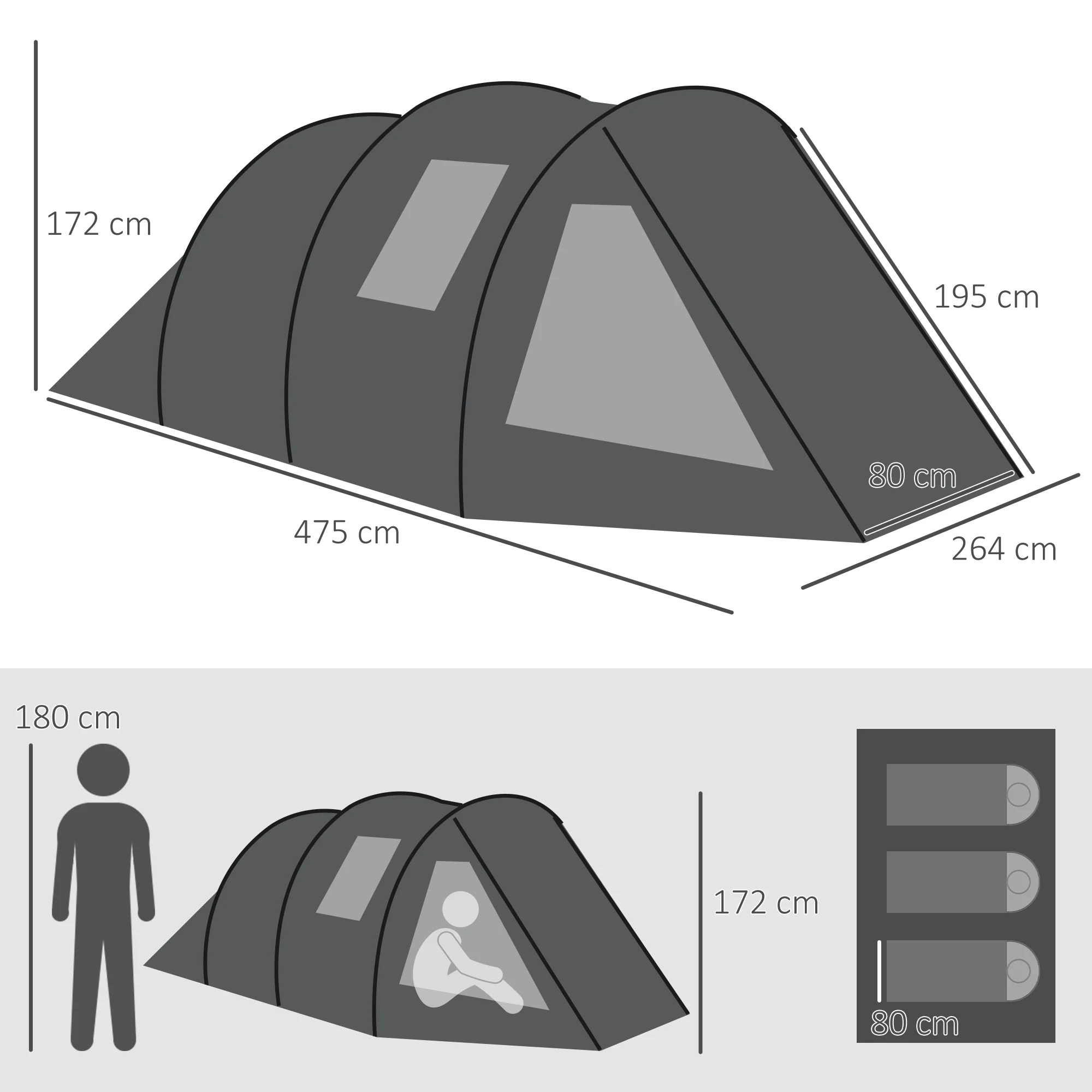 Kampeertent Trekkingtent Tent, weerbestendig, 2 kamers, 475 x 264 cm breedte x 172, Zwart