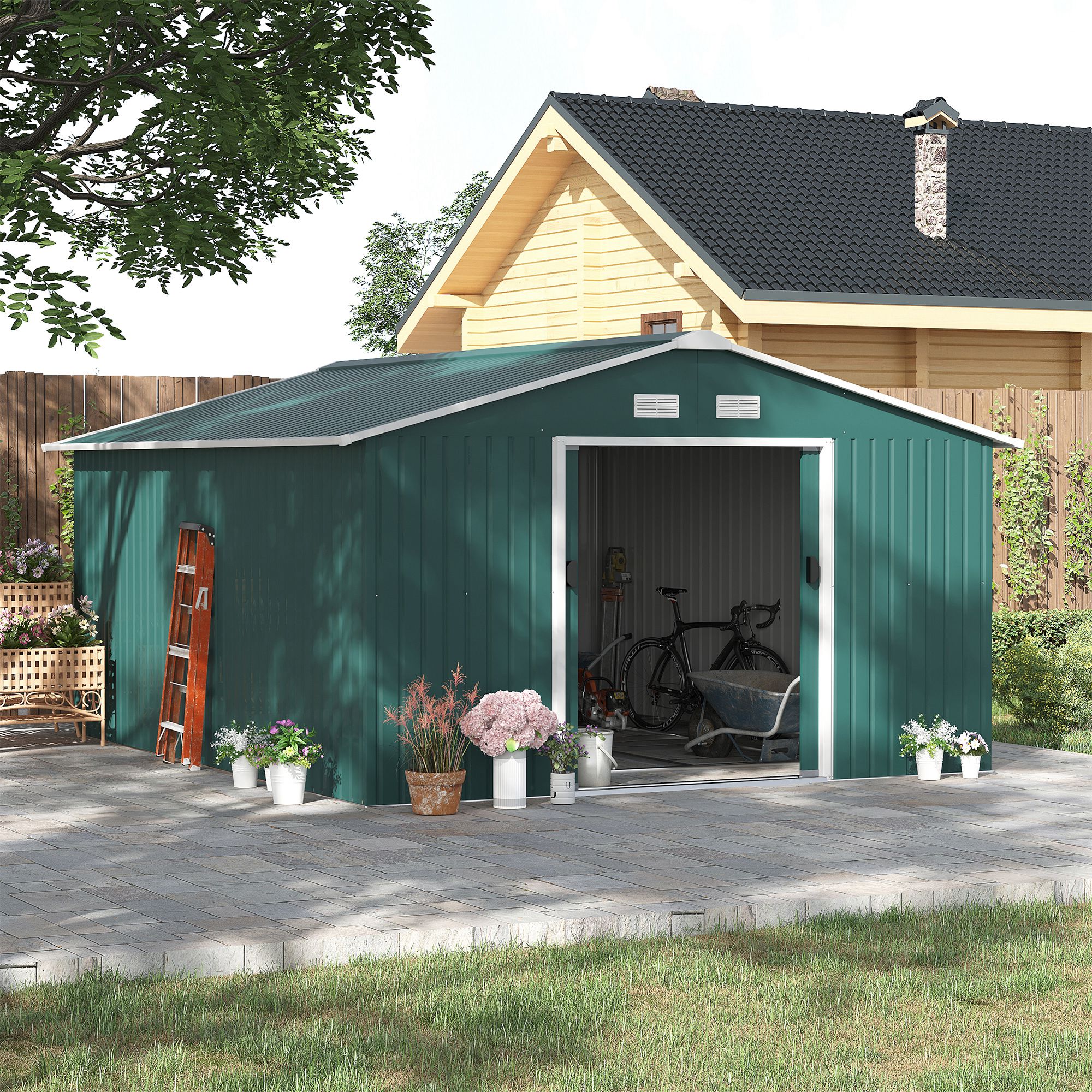 Outsunny Tuinschuur, Weerbestendig Tuinhuis voor Tuingereedschap, met Ventilatieramen, Schuifdeuren, Staal, Donkergroen