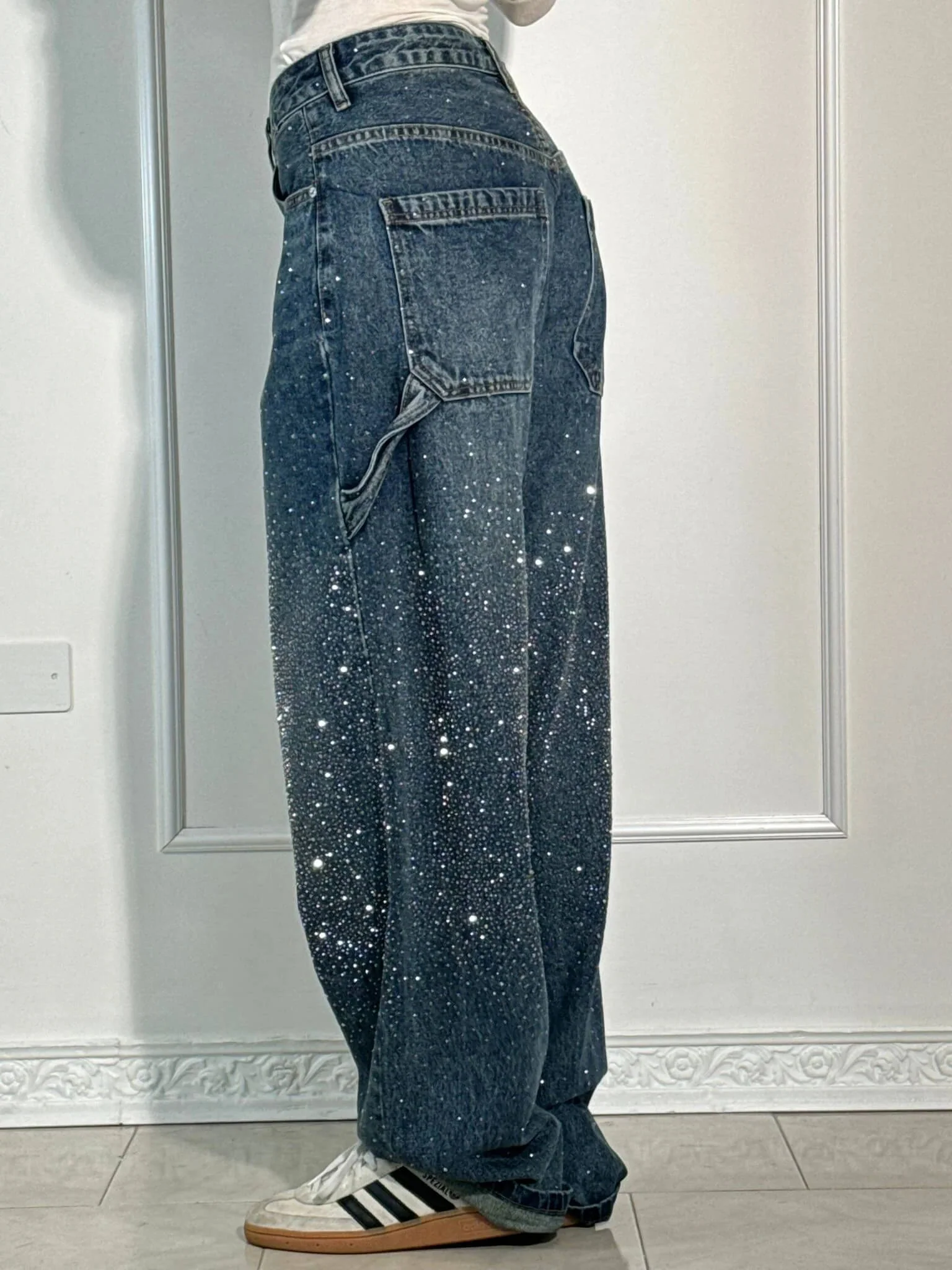 Damen Baggy Jeans mit Glitzer-Applikationen | Weite Wide Leg Denim Hose im Balloon-Schnitt | Bequeme Damenjeans aus Baumwolle