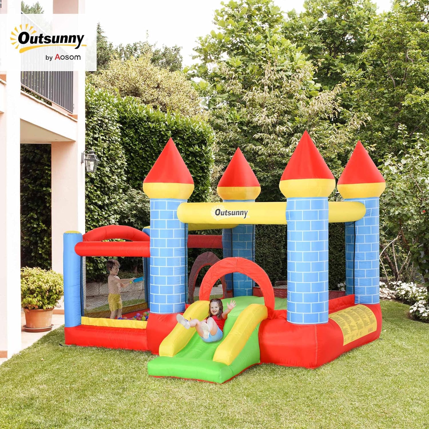Outsunny Children's Inflatable Castle with Slide Jumping Bed and Carry Bag for Indoor and Outdoor 280 x 260 x 210 cm, Multicoloured