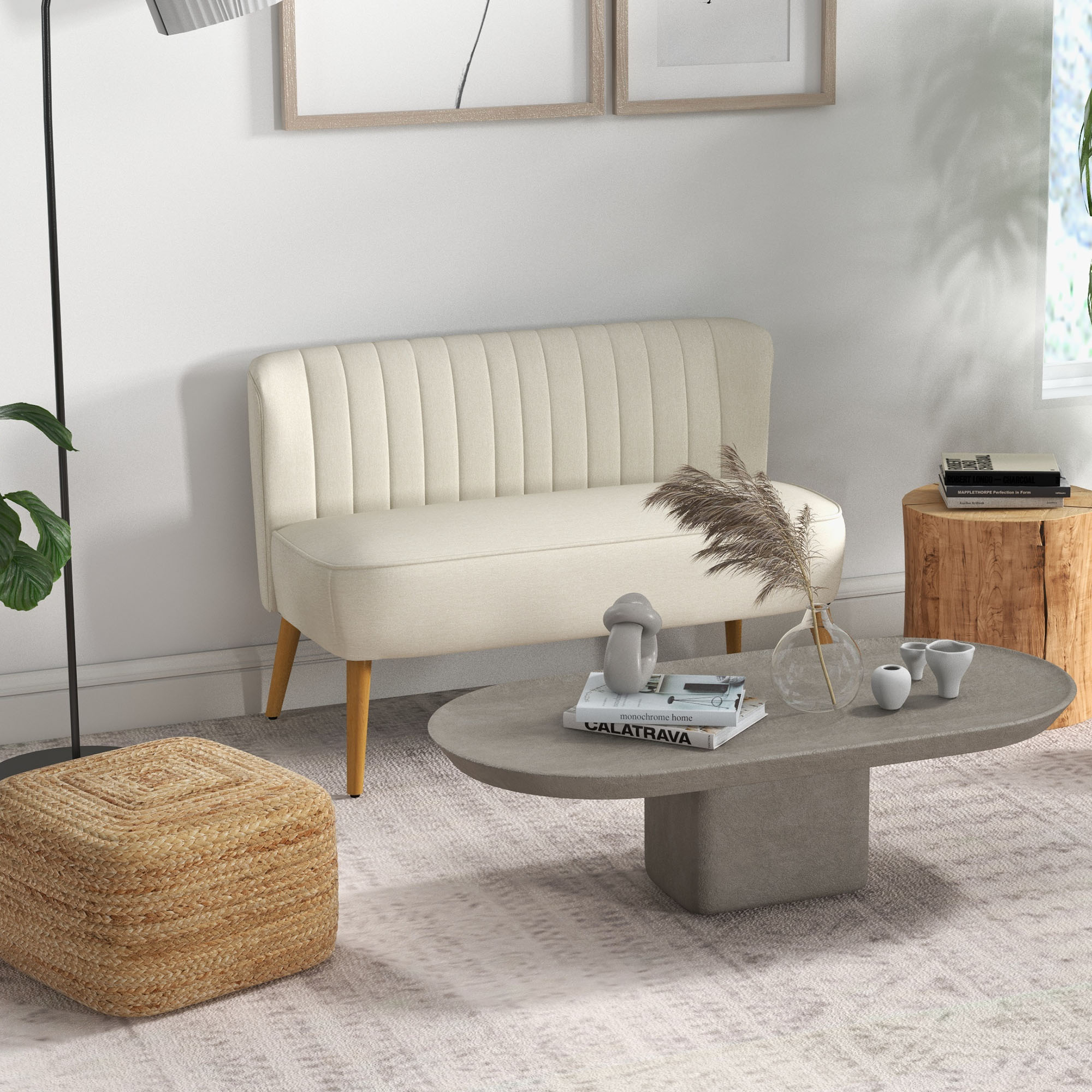 Sofa Retrodesign 2-zitsbank, houten poten, 117 cm x 56,5 cm x 77 cm, Wit