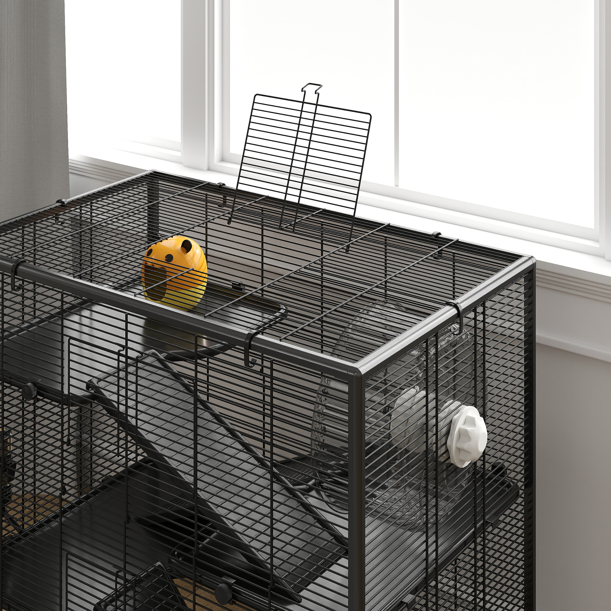 Hamsterkooi met glazen bodem, 4-niveau knaagdieren verblijf met hut en accessoires, 78,5L x 48,5B x 80H cm, Zwart