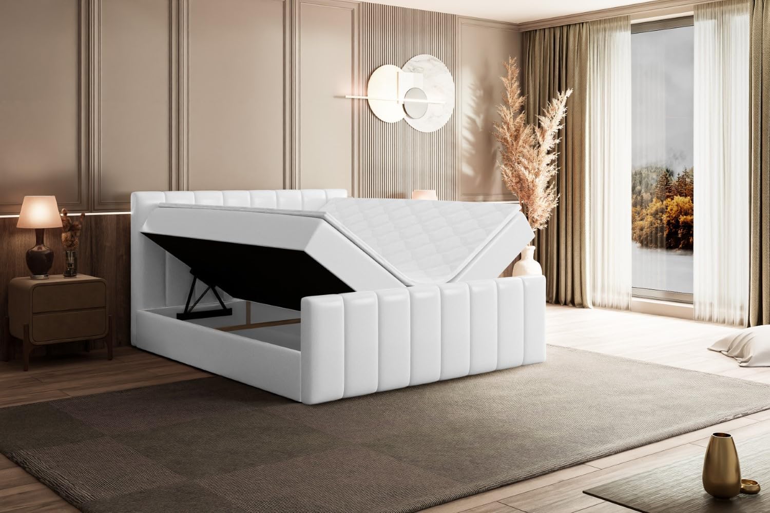 ALTDECOR Boxspringbett mit Matratze und Lattenrost, Boxbett, Topper, Fußteil, Polsterbett mit Bettkasten, Bett mit Stauraum H4-Matratze, Doppelbett, Springboxbett - OTTA-Z - 180x200 - Weiß Kunstleder