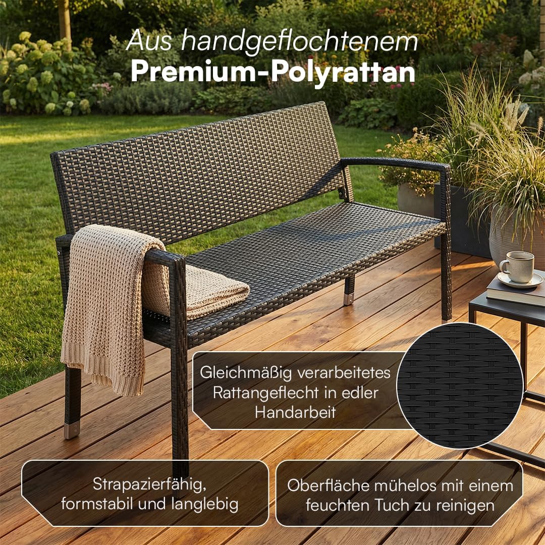 STEELSØN Mirador Gartenbank 3 Sitzer schwarz – Sitzbank Outdoor aus Polyrattan – Balkonbank wetterfest – Rattanbank mit ergonomischer Lehne – Parkbank bis 320kg belastbar – Bank für Garten/Terrasse
