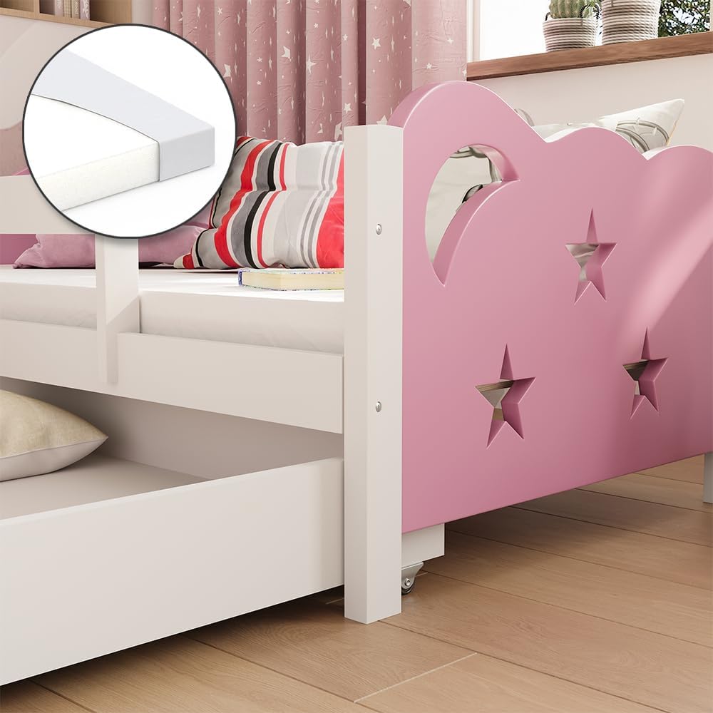 Kinderbett 80x160 cm Jessica mit Schublade und Matratze - Rosa/Weiß 166x53x86 cm aus Bambus - Bettschublade perfekt für Kinder, Geborgenheit für eine Nacht voller schöner Träume