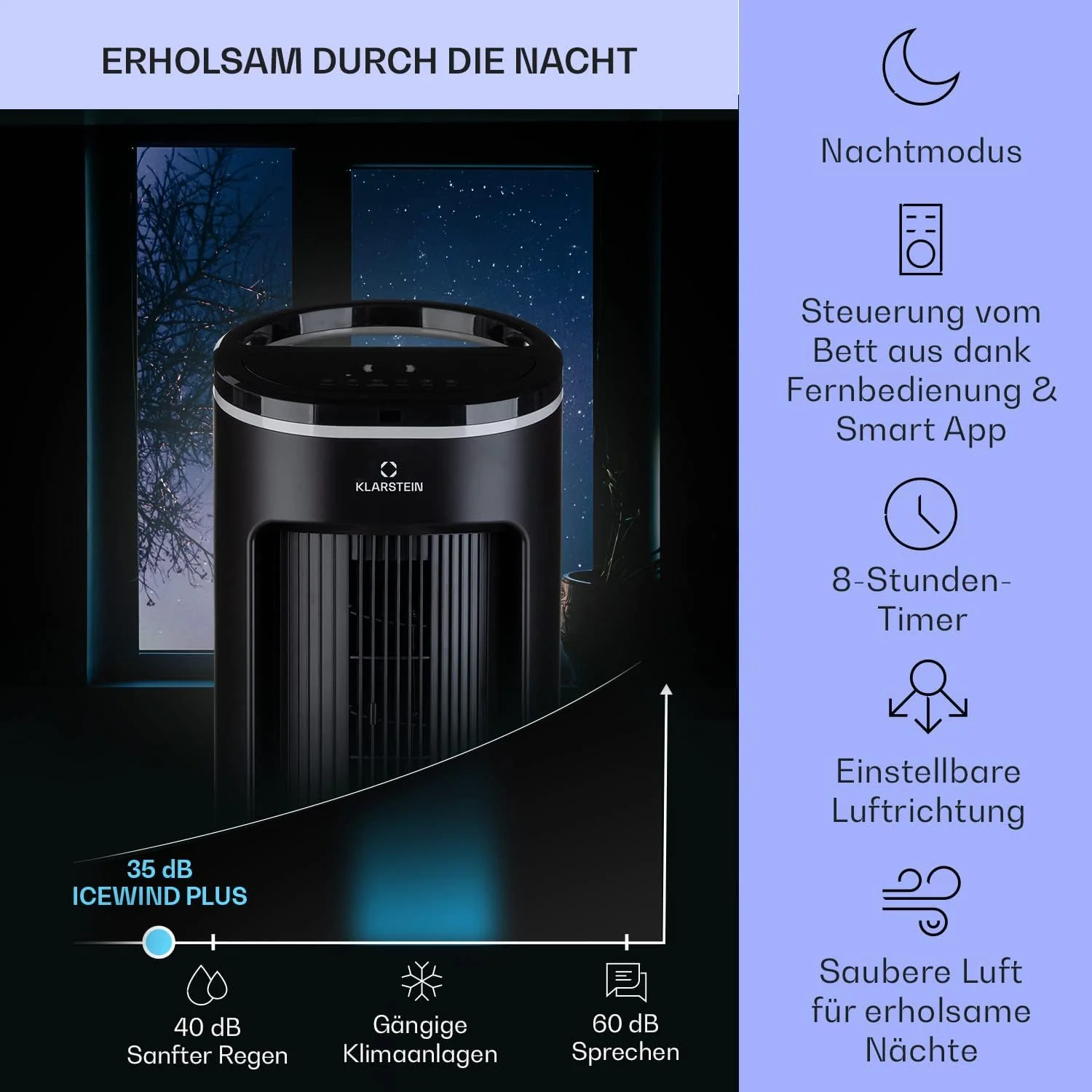 Klarstein Luftk��hler mit Wasserk��hlung, Leiser 4-in-1 Verdunstungsk��hler, Luftbefeuchter, Ventilator & Nachtmodus, Mobile Klimager?te Luftk��hler 7L, 65W Air Cooler, 330m3/h K��hlender Luftstrom