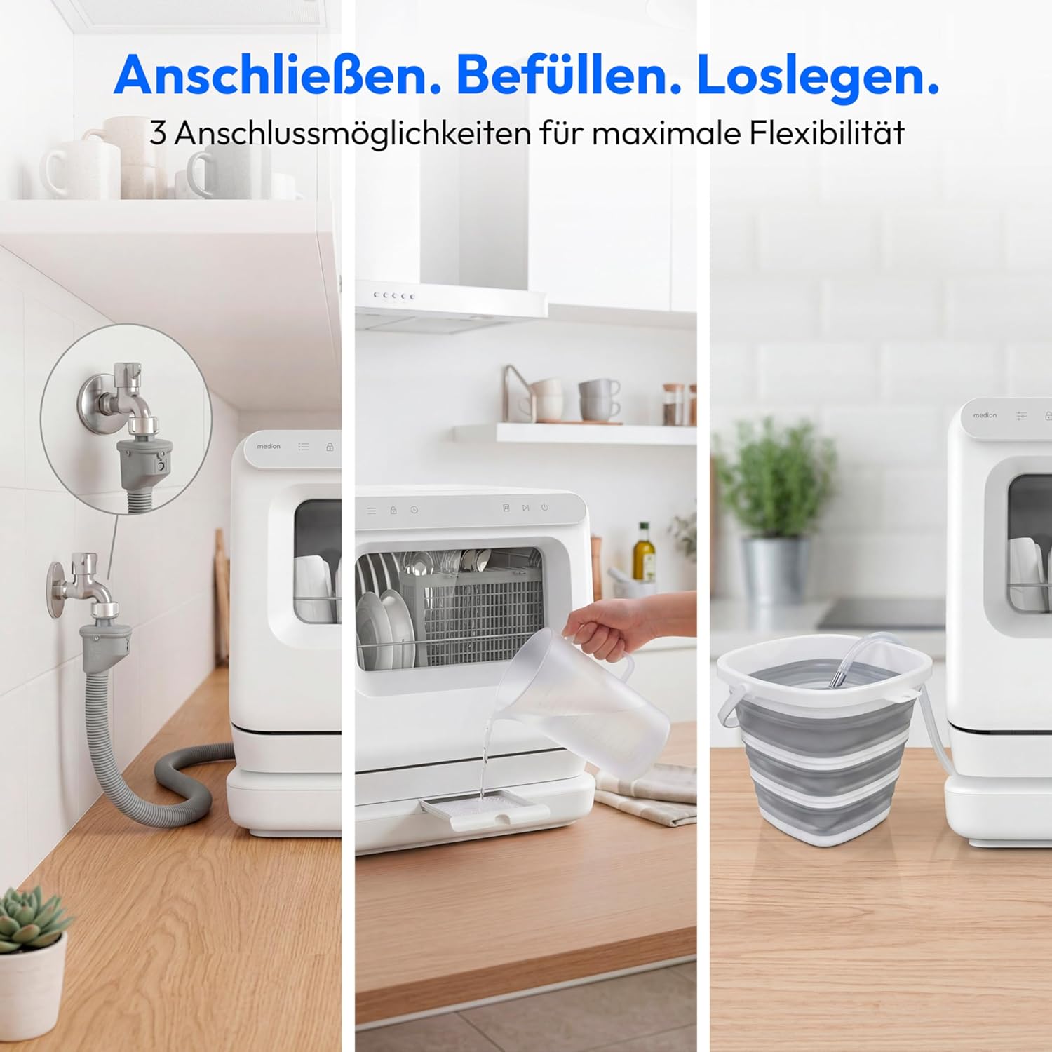 MEDION Mini Geschirrspüler DWT30, 3 Maßgedecke, Tischgeschirrspüler, funktioniert mit/ohne Wasseranschluss, 6 Programme, UV-Licht, Lüfter-Trocknung, Touch-Display, freistehend, MD370022