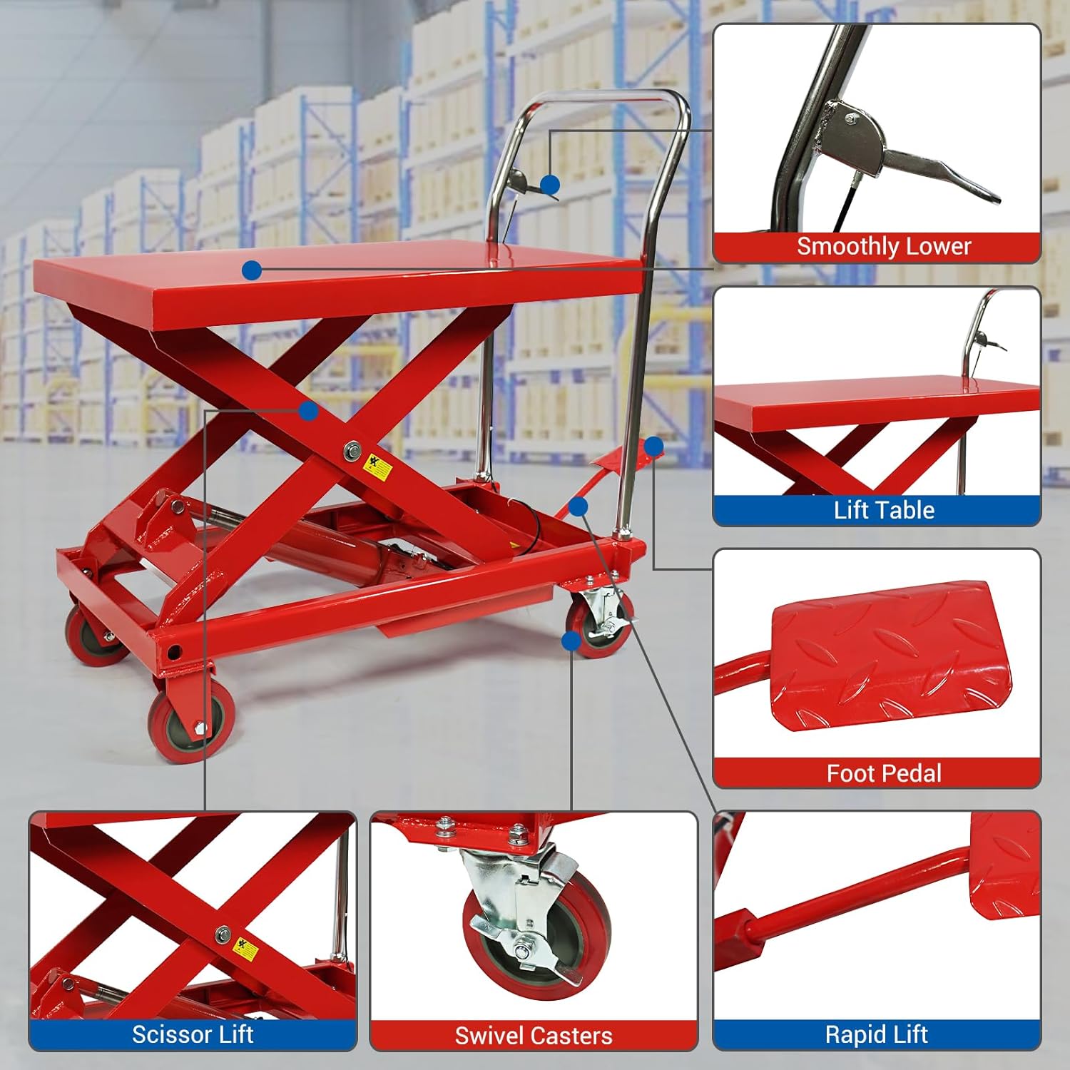500 LBS Hydraulische Schaarlift Tafelwagen ?C Hefhoogte 76 cm ?C Dubbele Schaarlift met 4 Wielen en Antislipmat ?C Hydraulische Heftafel voor Materiaalbehandeling en Transport