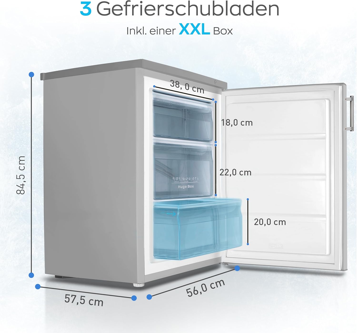 Heinrich´s Gefrierschrank 61Liter -18°C Freezer, 3x Gefrierschublade, 7 Stufen Temperaturregler, Airflow, wechselbarer Türanschlag weiß