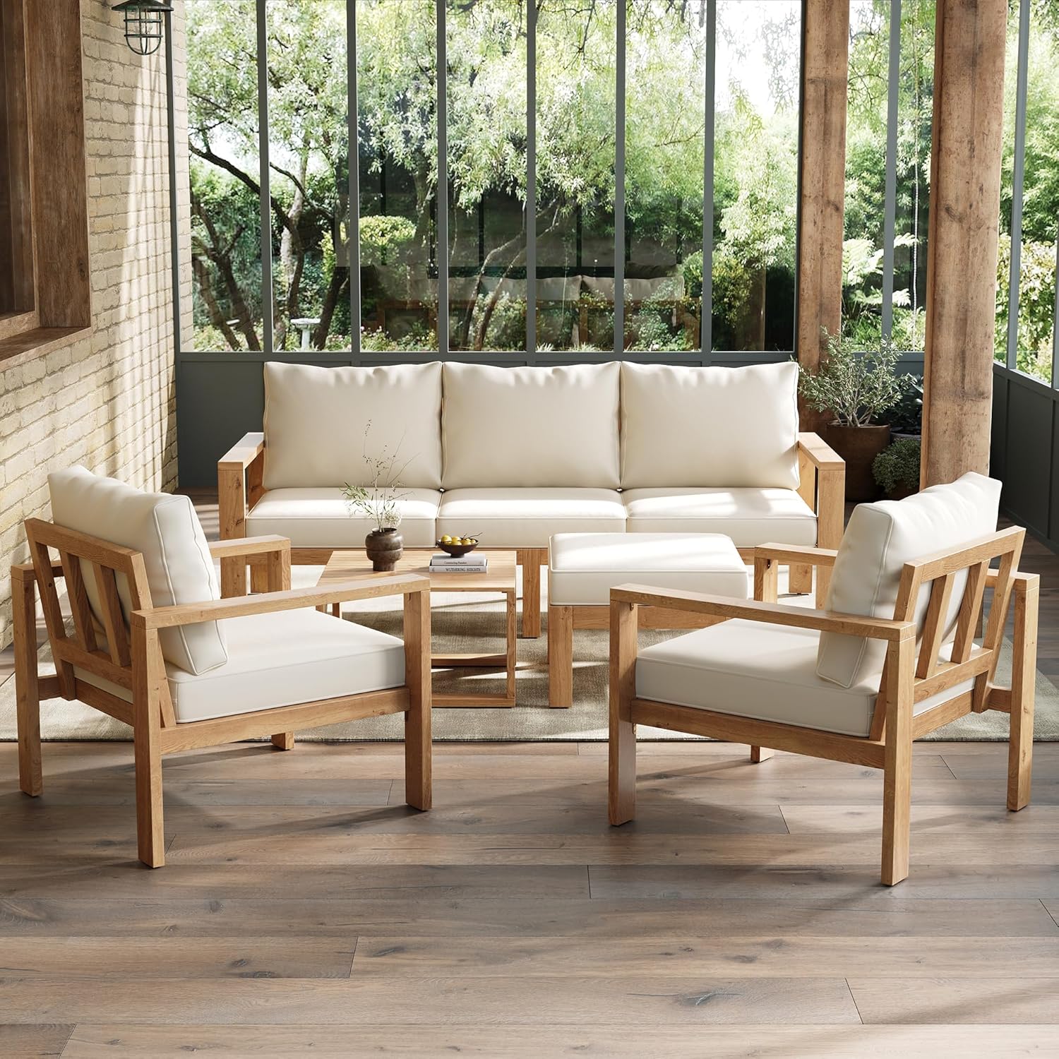 Mrwoo Gartenmöbel-Set für 4-6 Personen,Robuster Akazienrahmen,Komplett mit Dreisitzer 2 Einzelstühlen Fußhocker und Couchtisch,Natur Creme,Zeitlos Elegant,Ideal für Garten und Terrasse