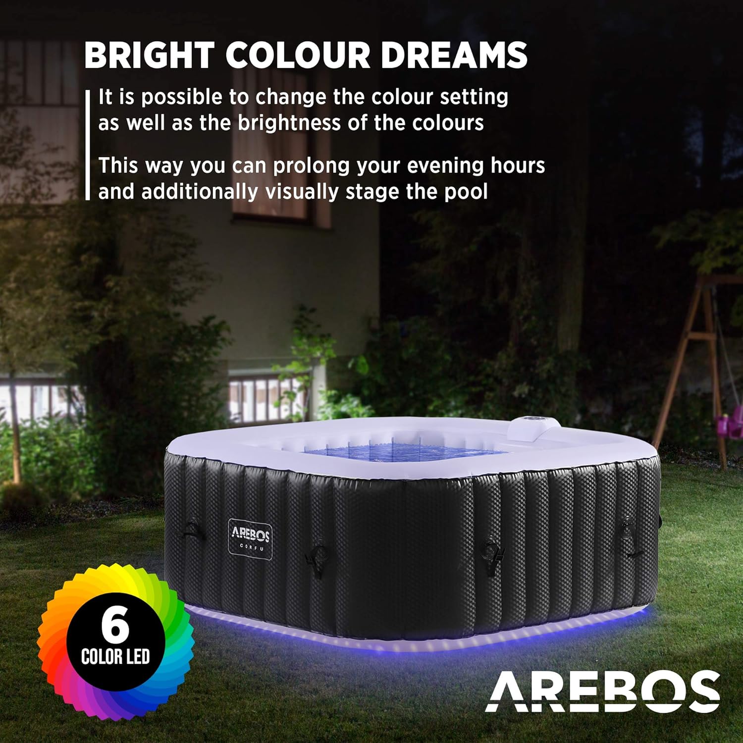 Arebos Whirlpool | 154 x 154 cm | mit LED-Beleuchtung | aufblasbar | quadratisch | In- & Outdoor | 4 Personen | 100 Massagedüsen | mit Heizung | 600 L | Inkl. Abdeckung | Bubble Spa & Wellness Massage