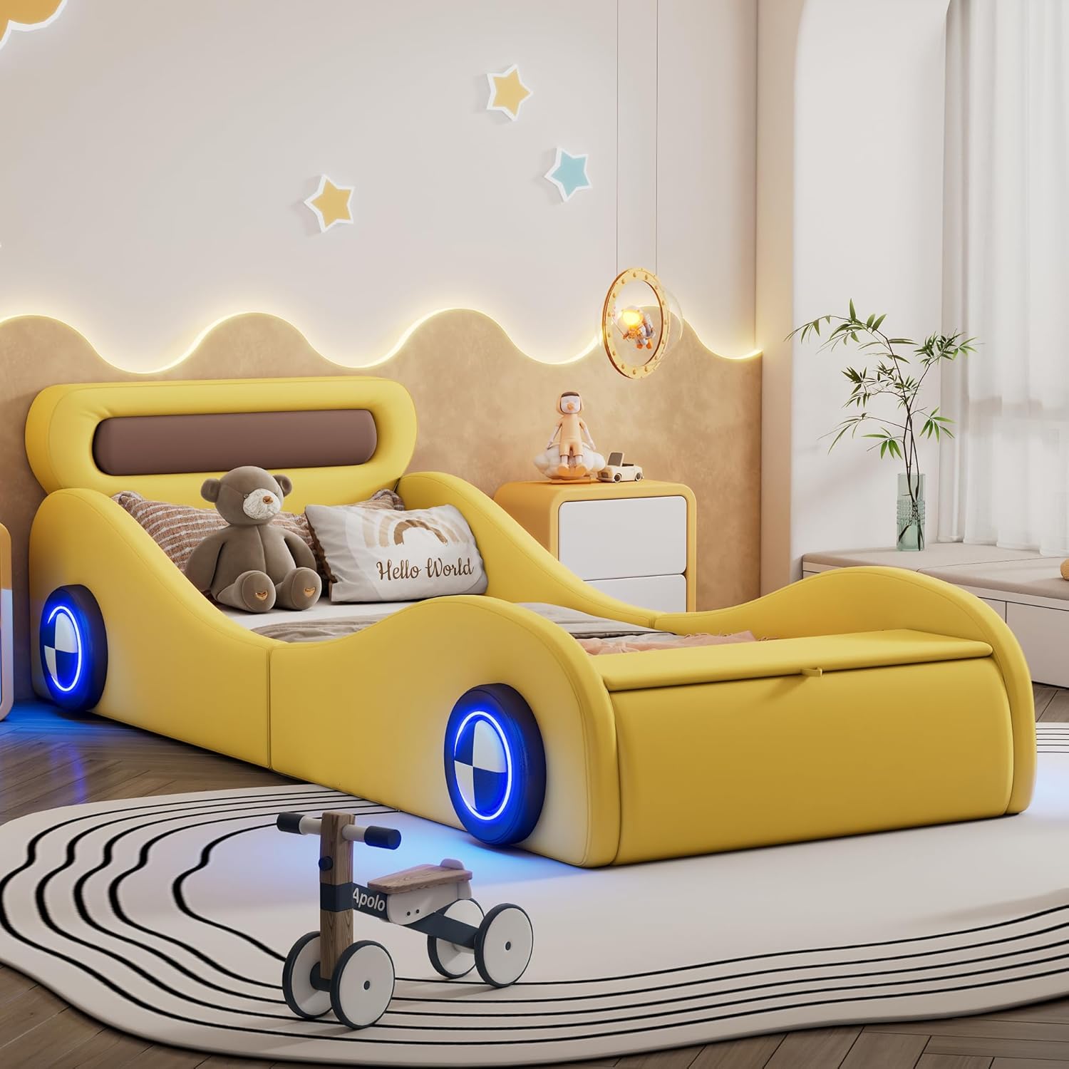 Autobett Kinderbett Jugendbett 90x200, Polsterbett Einzelbett mit leuchtenden Rädern&Stauraum, Aufregendes Auto Kinderbett für kleine Rennfahrer, Kinder Spielbett mit Lattenrost, PU,Ohne Matratze,Gelb