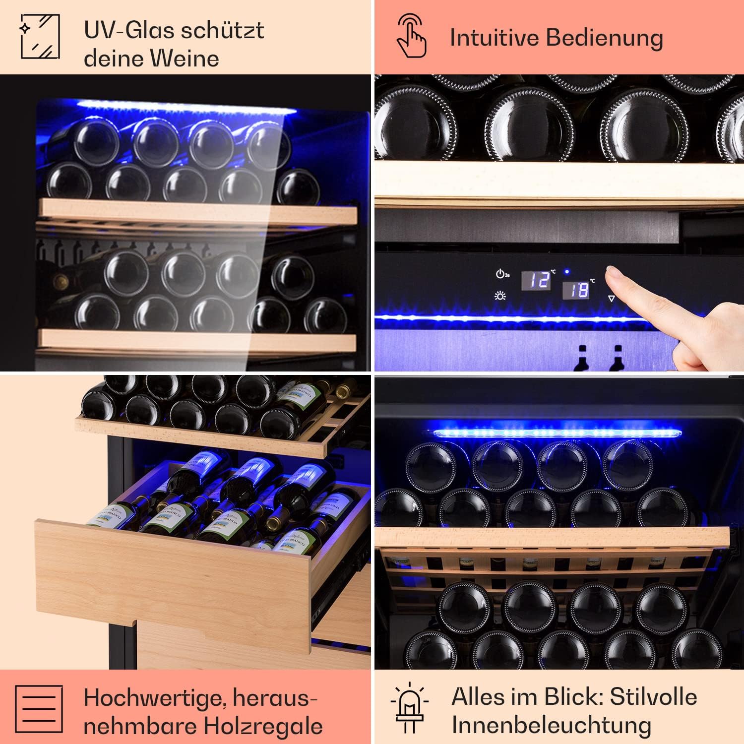 Klarstein Weinkühlschrank, Getränkekühlschrank Schmal, 2 Zonen Kühlschrank mit Glastür, Getränkekühlschränke Freistehend, Weinkühlschrank Klein, Weinkühlschränke mit UV-Schutz, 5-18°C, 123 Flaschen