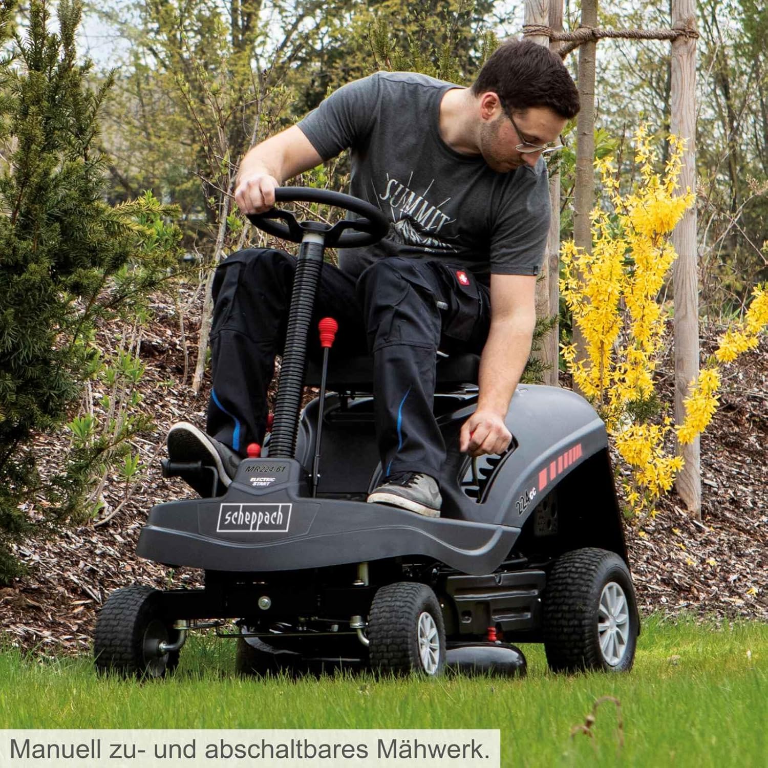 Scheppach Benzin Rasentraktor Aufsitzmäher MR224-61 | 6,8PS | Schnittbreite 61cm | 5-Fach Höhenverstellung | E-Start | 150 L Fangsack | 4X Vorwärts / 1xRückwärtsgang | Rasenmäher Aufsitzrasenmäher