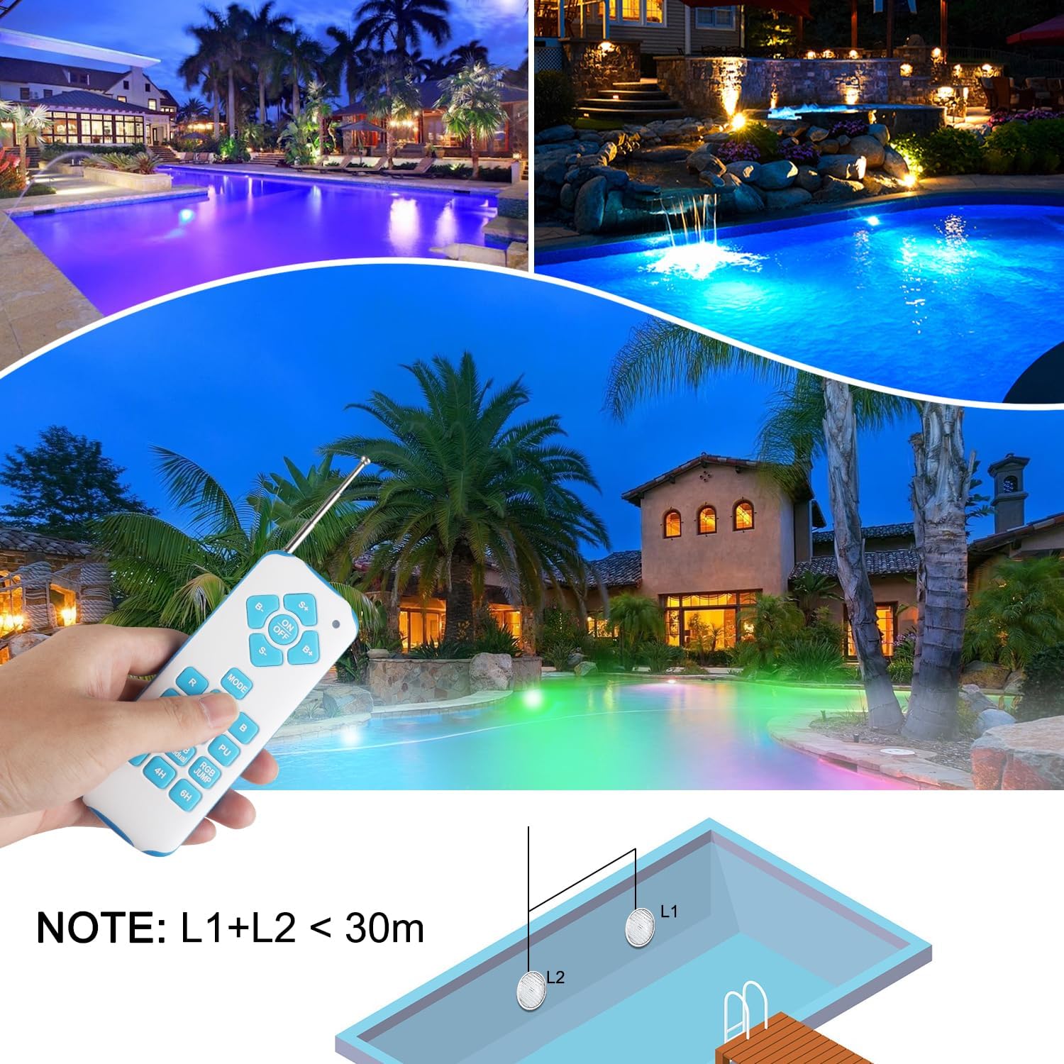 KWODE 54W LED Poolbeleuchtung PAR56, 12V RGB Timing 2/4/6H Schwimmbadbeleuchtung, Externe Synchronisation mit Fernbedienung, IP68 Wasserdichter Pool Lampe Licht mit Fernbedienung (2 Stück)