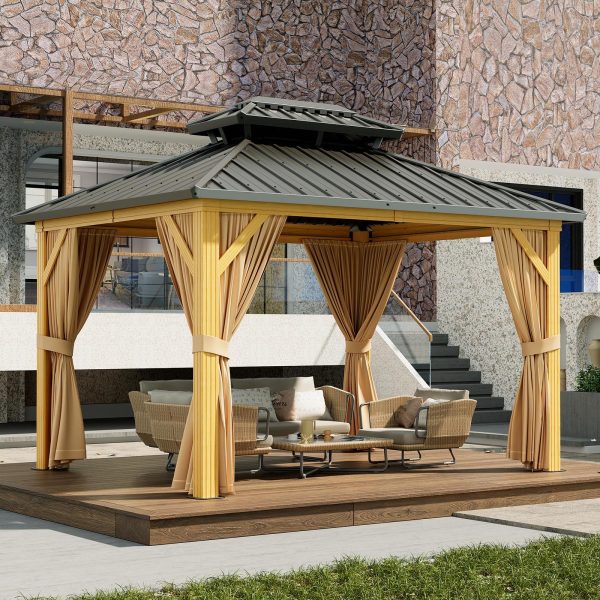 2025 10X13 FT Outdoor Galvanised Steel Hardtop Gazebo, Heavy Duty Double Roof Outdoor Gazebo with Netting and Sunshade Curtains, Aluminium Framed Gazebo for Patio, Terrace, Lawn and Deck, Khaki