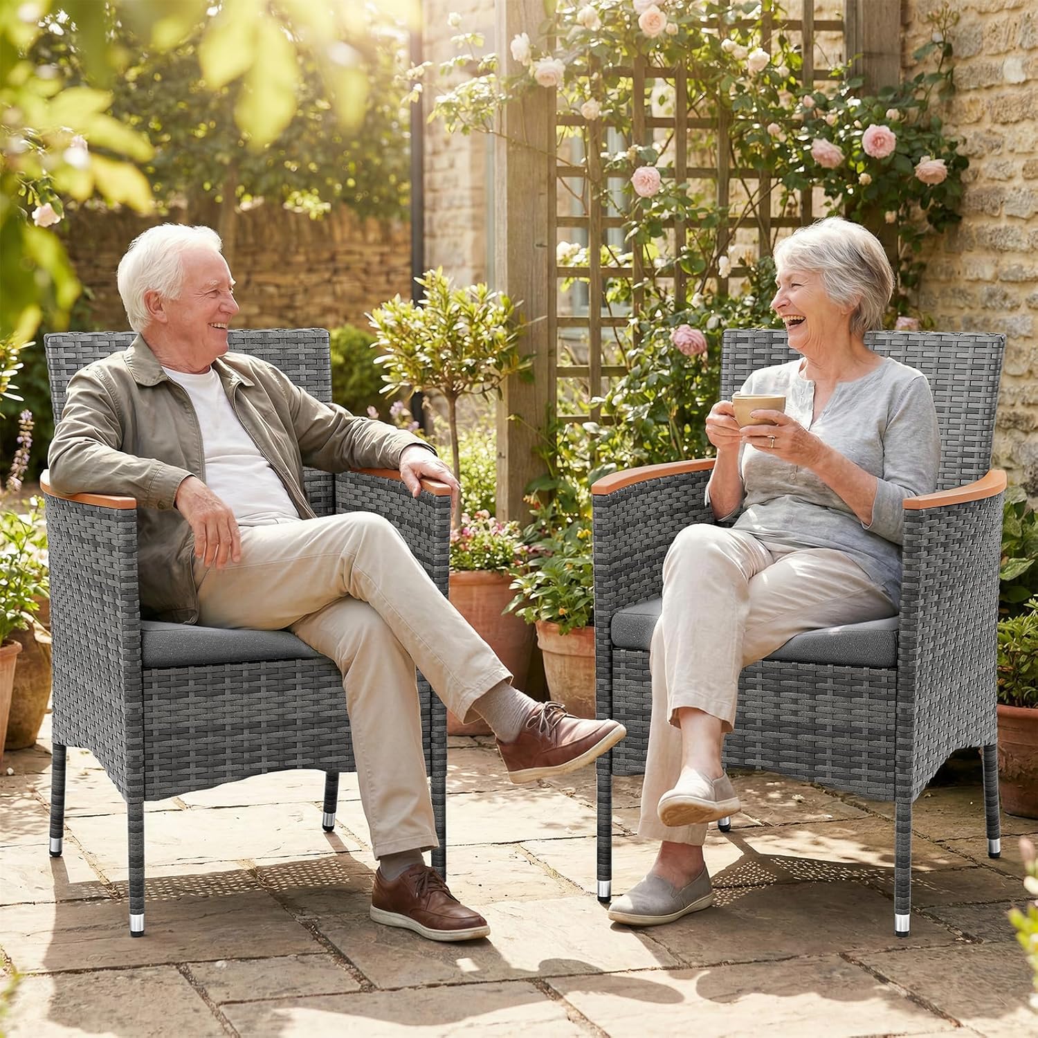 UDPATIO Gartenstühle 2er Set Rattan mit Kissen, Wetterfeste Gartenmöbel, Gartenstuhl Hochlehner für Balkon Terrasse, Outdoor Lounge Sessel, 60 * 59 * 85cm, Grau