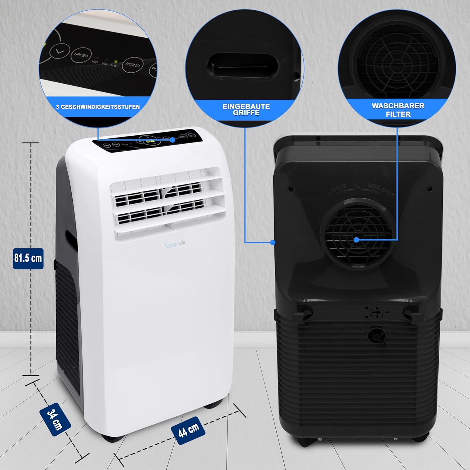 SereneLife Mini Klimaanlage mobil, 3-in-1 mobiles Klimagerät mit Abluftschlauch – Luftkühler, Luftentfeuchter & Ventilator, Air conditioner – 9.000 BTU, 1,5L Feuchtigkeit/Stunde, kühlt Räume bis 42 m2