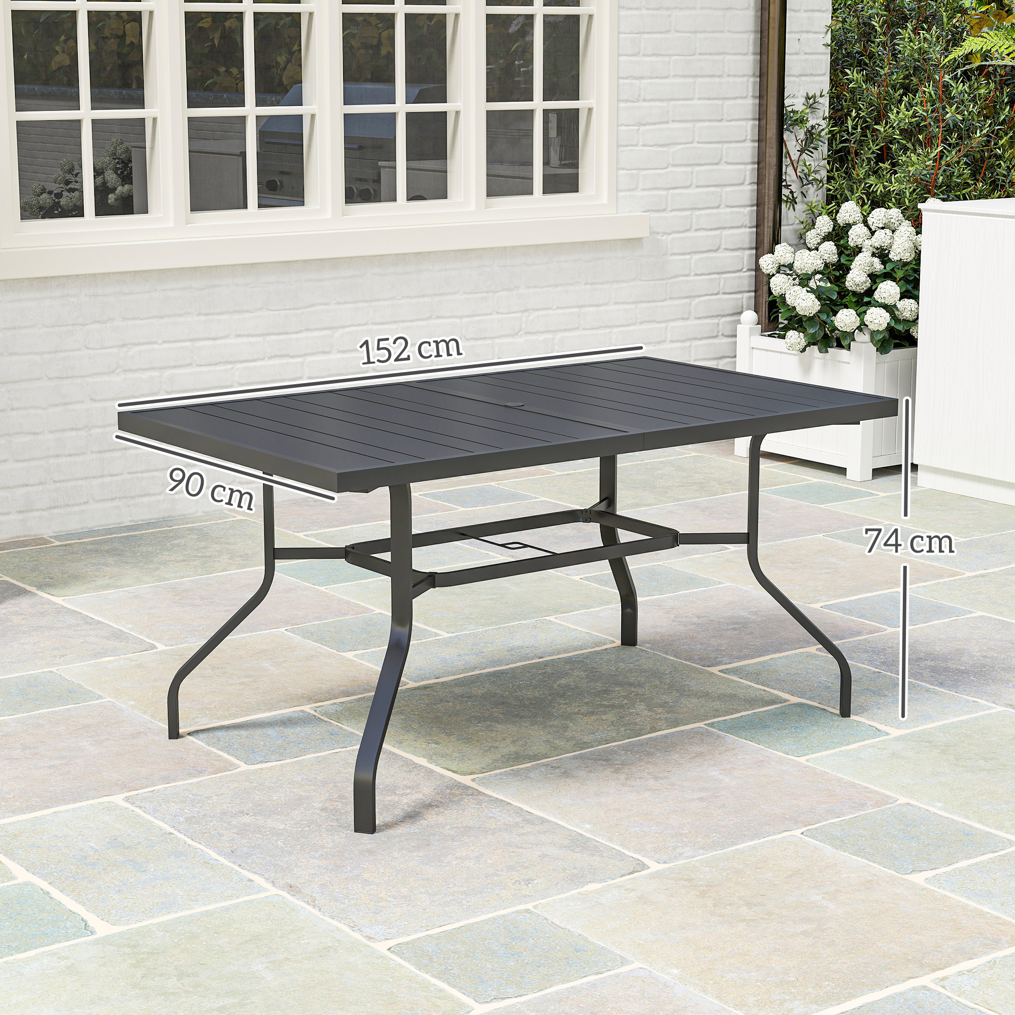 Outsunny Tuintafel 152x90 cm, Weerbestendige Balkontafel van Staal, Bijzettafel met Parasolgat, Lattenontwerp Zwart