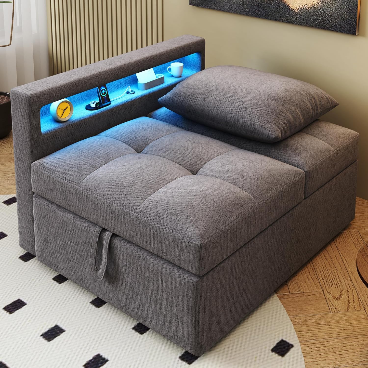 Polsterbett Schlafsofa 3 in 1 Multifunktions-Schlafsofa, Leinenstoffsofa mit Verstellbarer Rückenlehne, Die Armlehne verfügt über LED-Lichtleisten und USB-/Typ-C-Anschlüsse (Dunkelgrau)