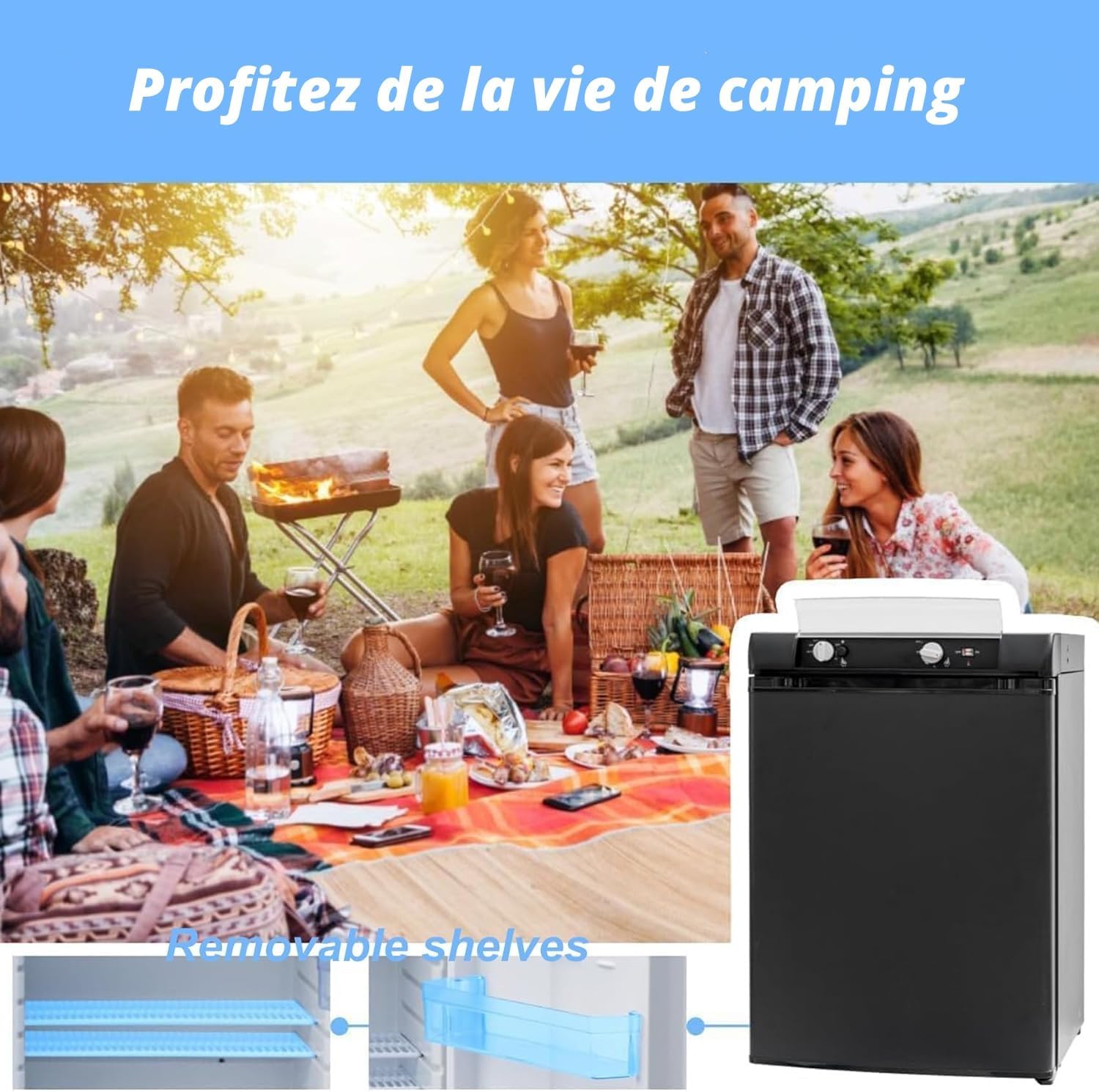 Smad Frigo Trimixte 12V 220V Gaz, 60L, Frigo Camping Gaz, Réfrigérateur Silencieux pour Caravane Camping-car Fourgon Van Mobile-home Chalet, Noir