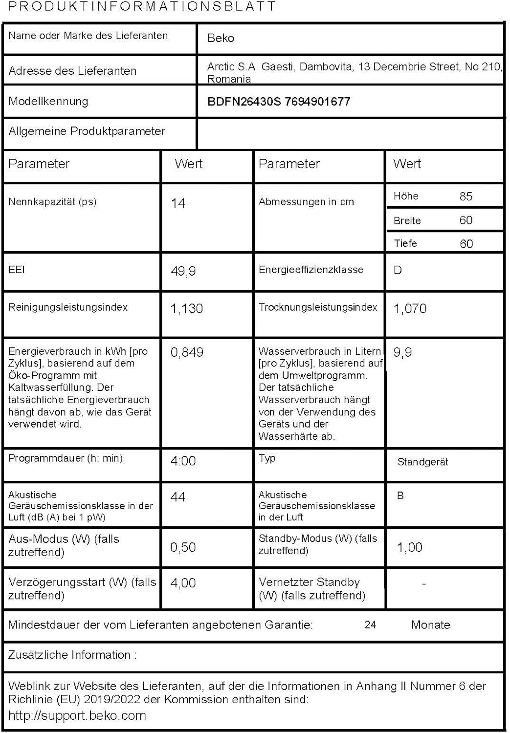 Beko BDFN26420W b300 freistehender Geschirrspüler, unterbaufhig, Platz für 14 Magedecke, Pro  Inverter Motor, TrayWash, HygieneIntense, 6 Programme, WaterSafe+, Wei