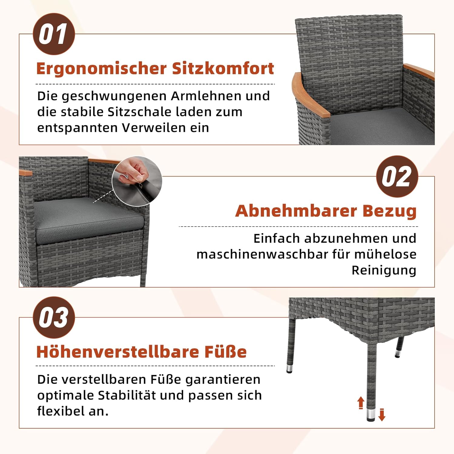 UDPATIO Gartenstühle 2er Set Rattan mit Kissen, Wetterfeste Gartenmöbel, Gartenstuhl Hochlehner für Balkon Terrasse, Outdoor Lounge Sessel, 60 * 59 * 85cm, Grau