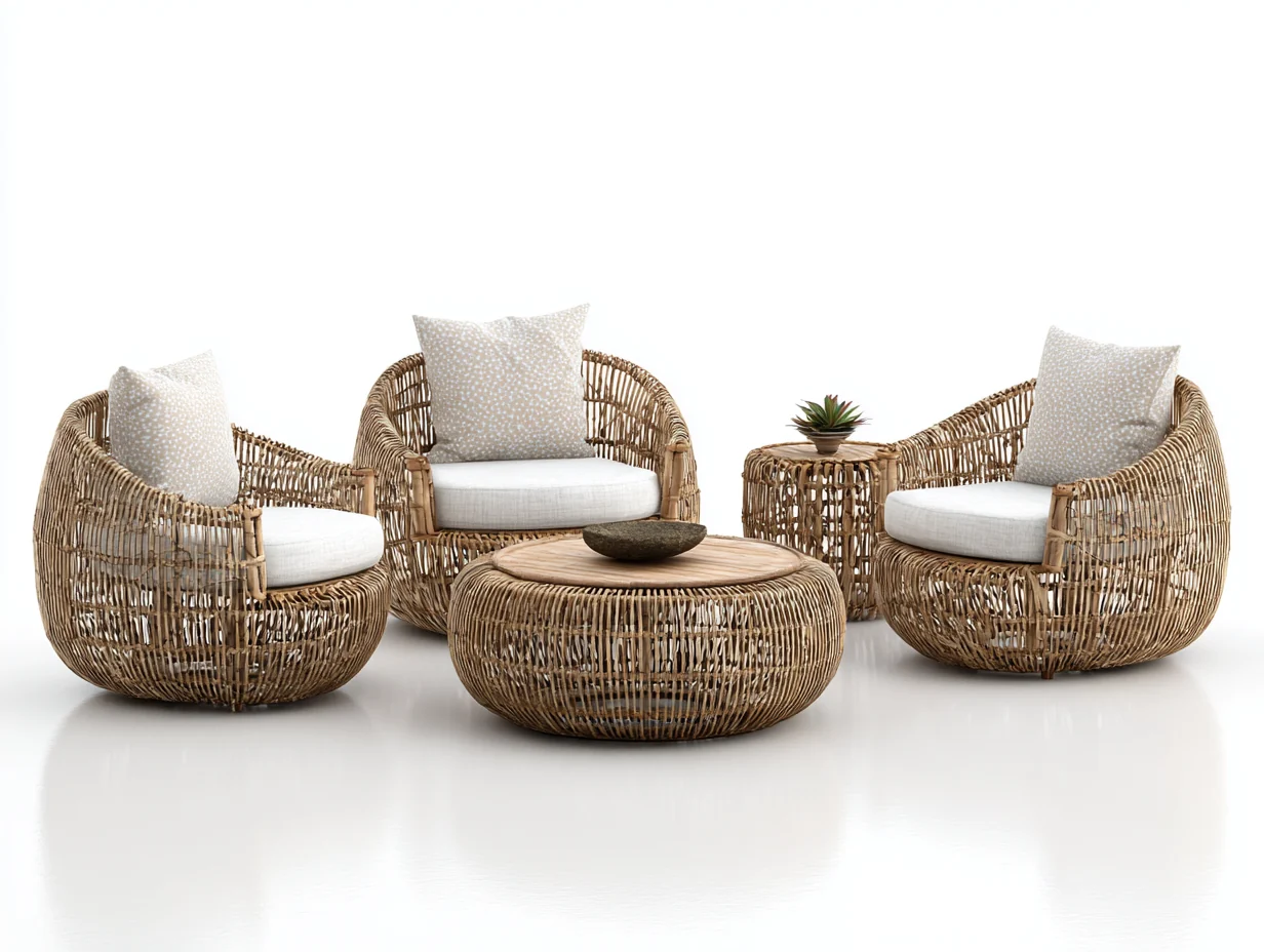 Sofás de jardín ratán natural con cojines beige y mesa redonda 180x80x75 cm - diseño moderno para exterior