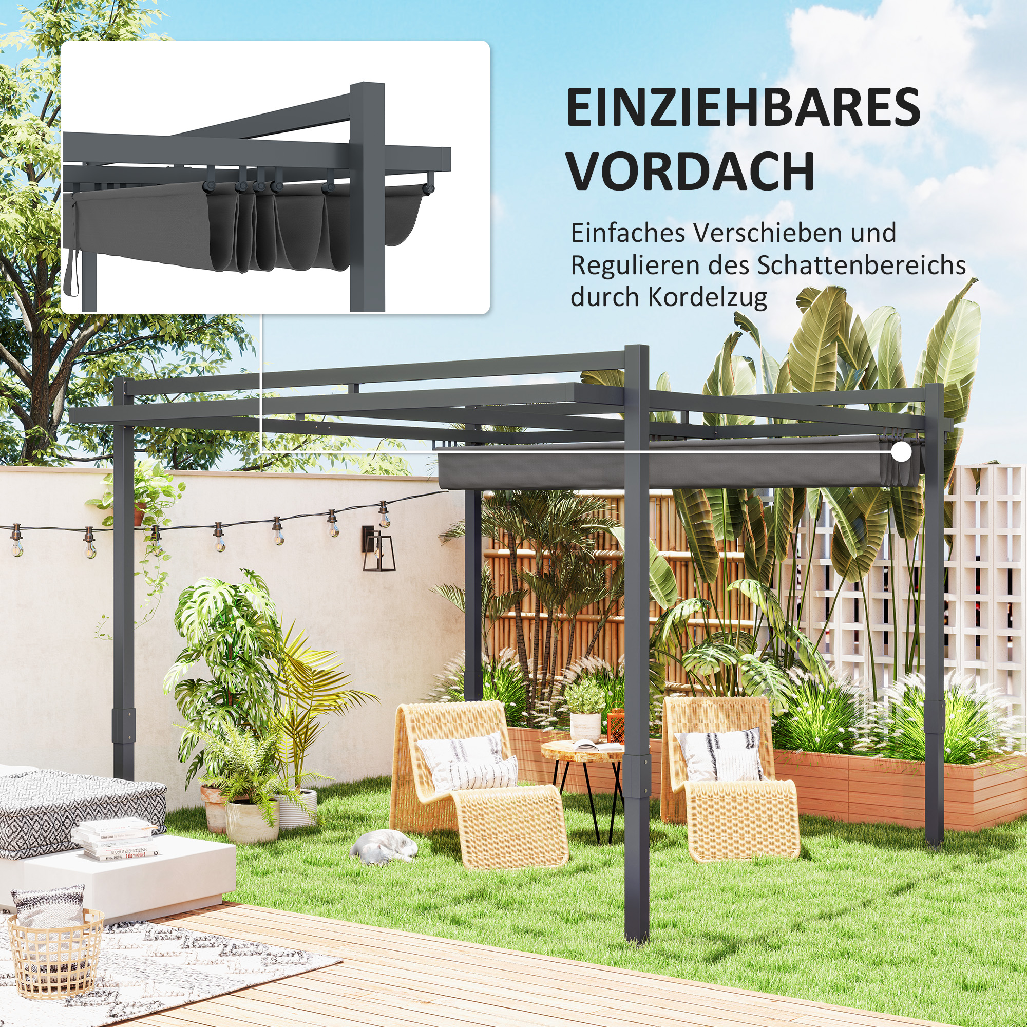 Pergola met Schuifdak ca. 3,5x3m Aluminium Duurzaam Winterbestendige Zonwering Grijs