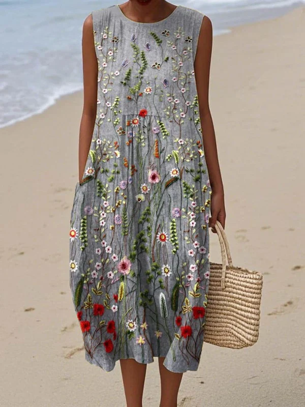 Damen Midi-Kleid mit Stickerei | ?rmelloses Sommerkleid in lockerer Passform | Bequemes Freizeitkleid mit Wildblumen