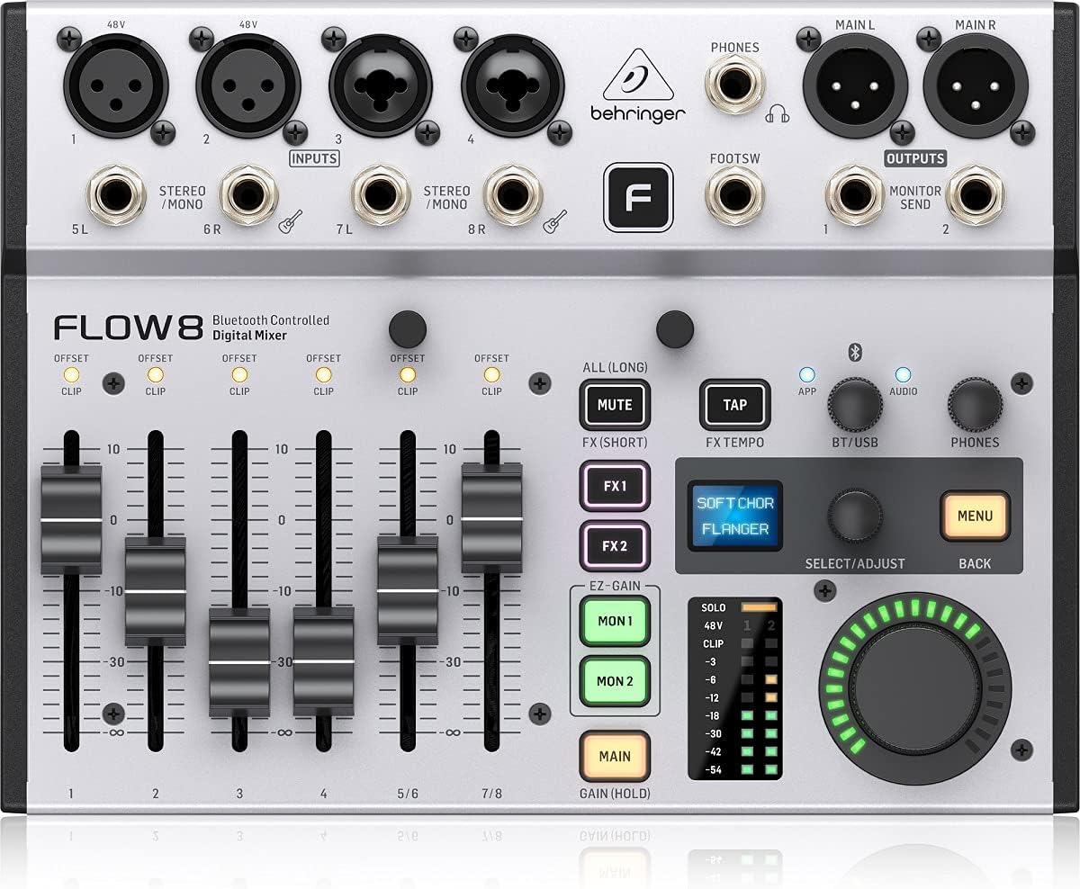 Behringer FLOW 8 8-Input Digital Mixer with Bluetooth Audio and App Control, 60mm Channel Faders, 2 FX Processors and USB/Audio Interface