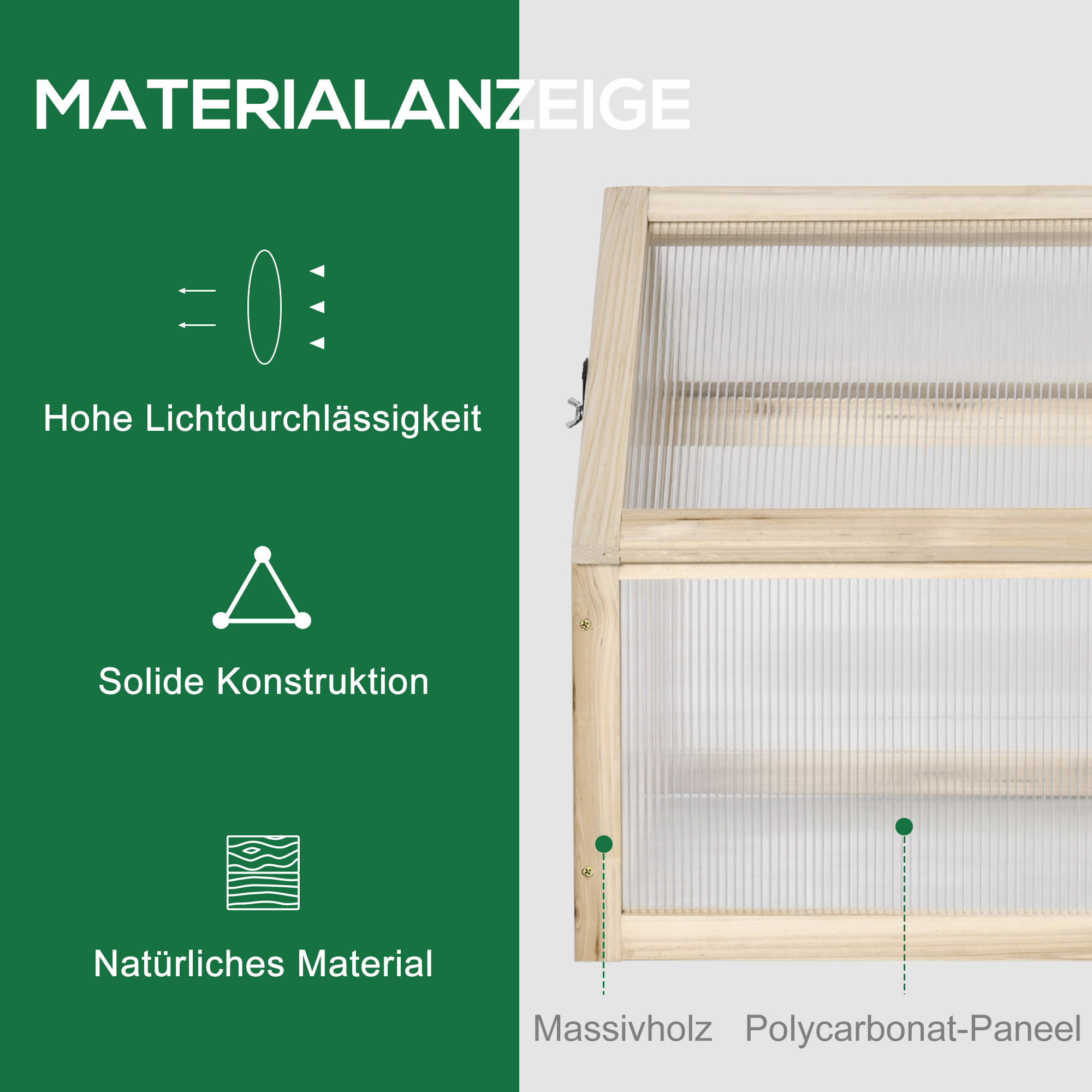 Outsunny Mini-broeikas, Compacte plantenkas van hout, Polycarbonaat platen, Ventilatieopening, 90L x 52B x 49,5H cm, Natuur