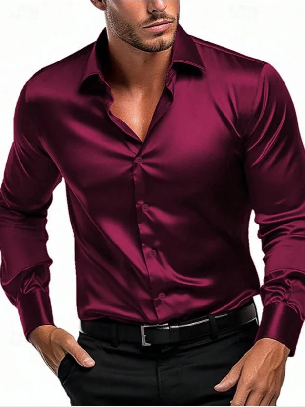 Slim Fit Herrenhemd aus gl?nzendem Satin | Langarm Businesshemd mit klassischem Kragen f��r festliche Anl?sse und B��ro